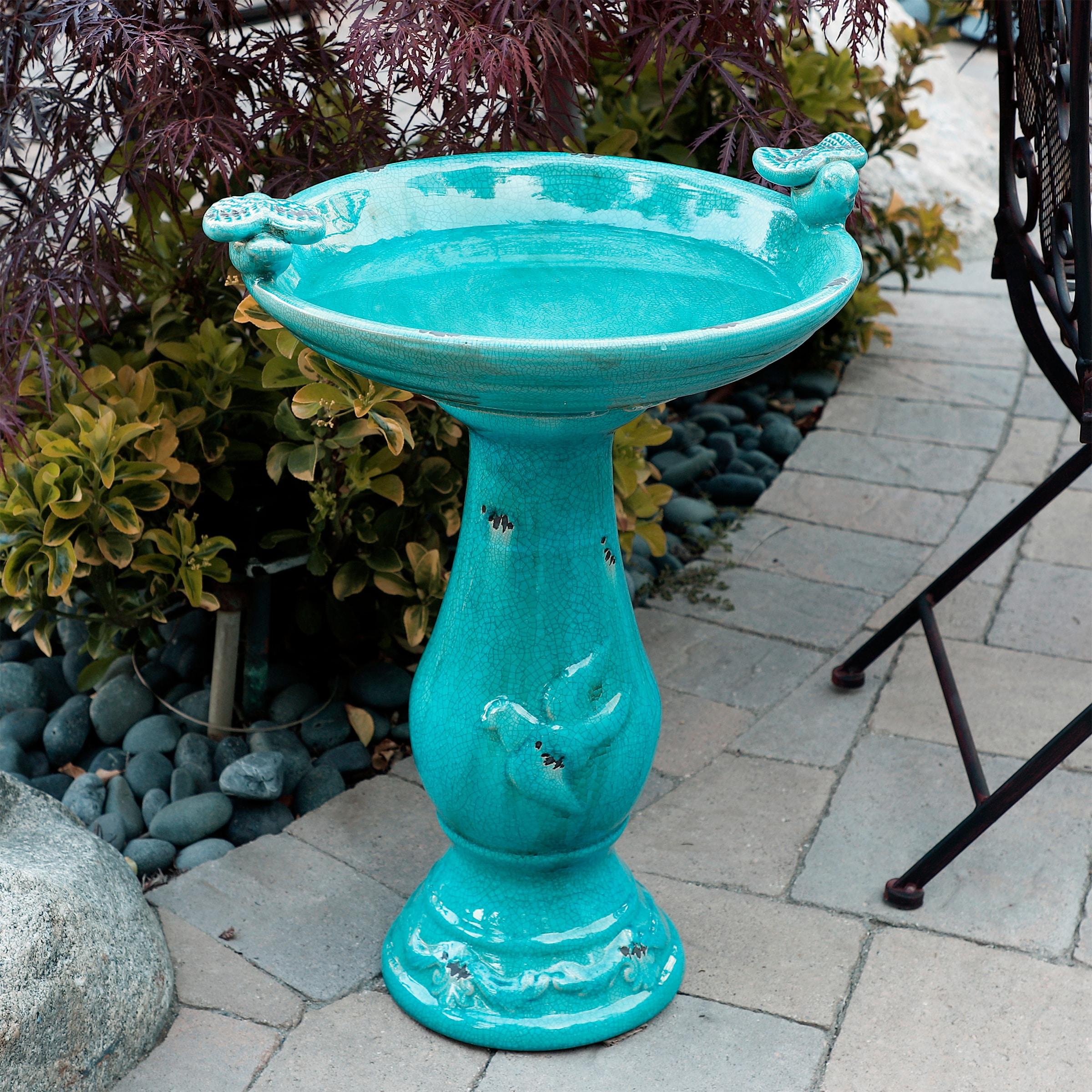 Alpine Corporation Ceramic Pedestal Bird Bath with Bird Figurines, Turquoise