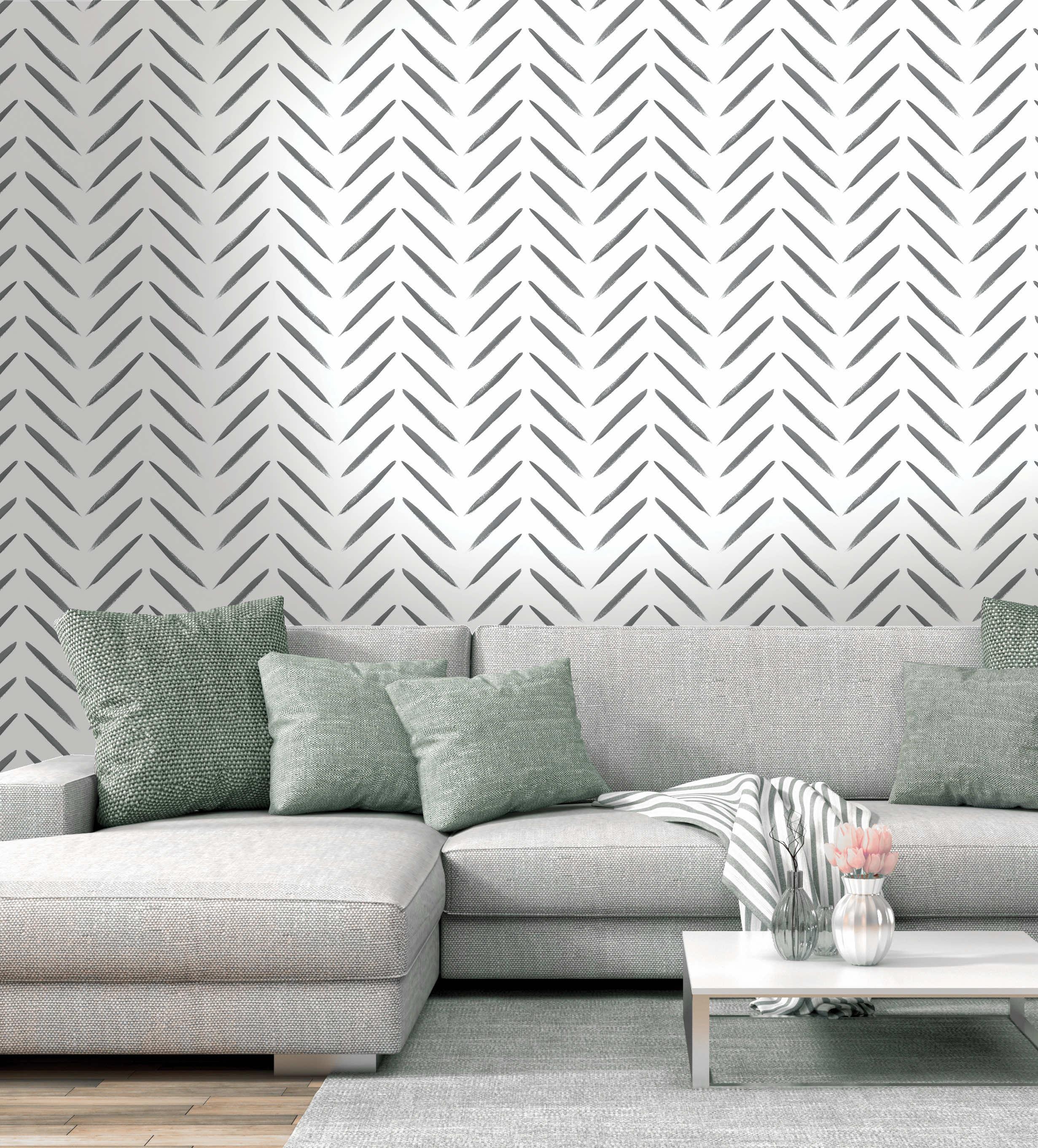 Holden Chevron Brush Marks Black and White Wallpaper: Modern Non-Pasted Paper, Classic Pattern, Washable, 33ft x 20.8in
