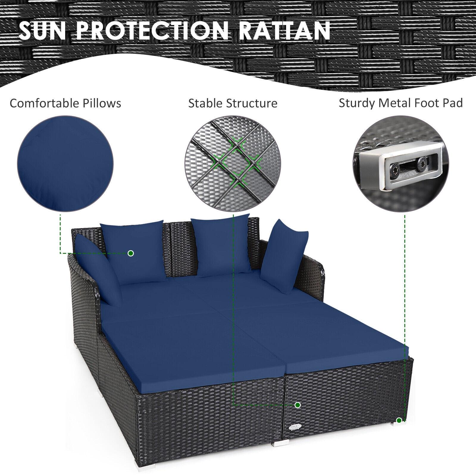 Costway Outdoor Patio Rattan Daybed Pillows Cushioned Sofa Furniture Navy