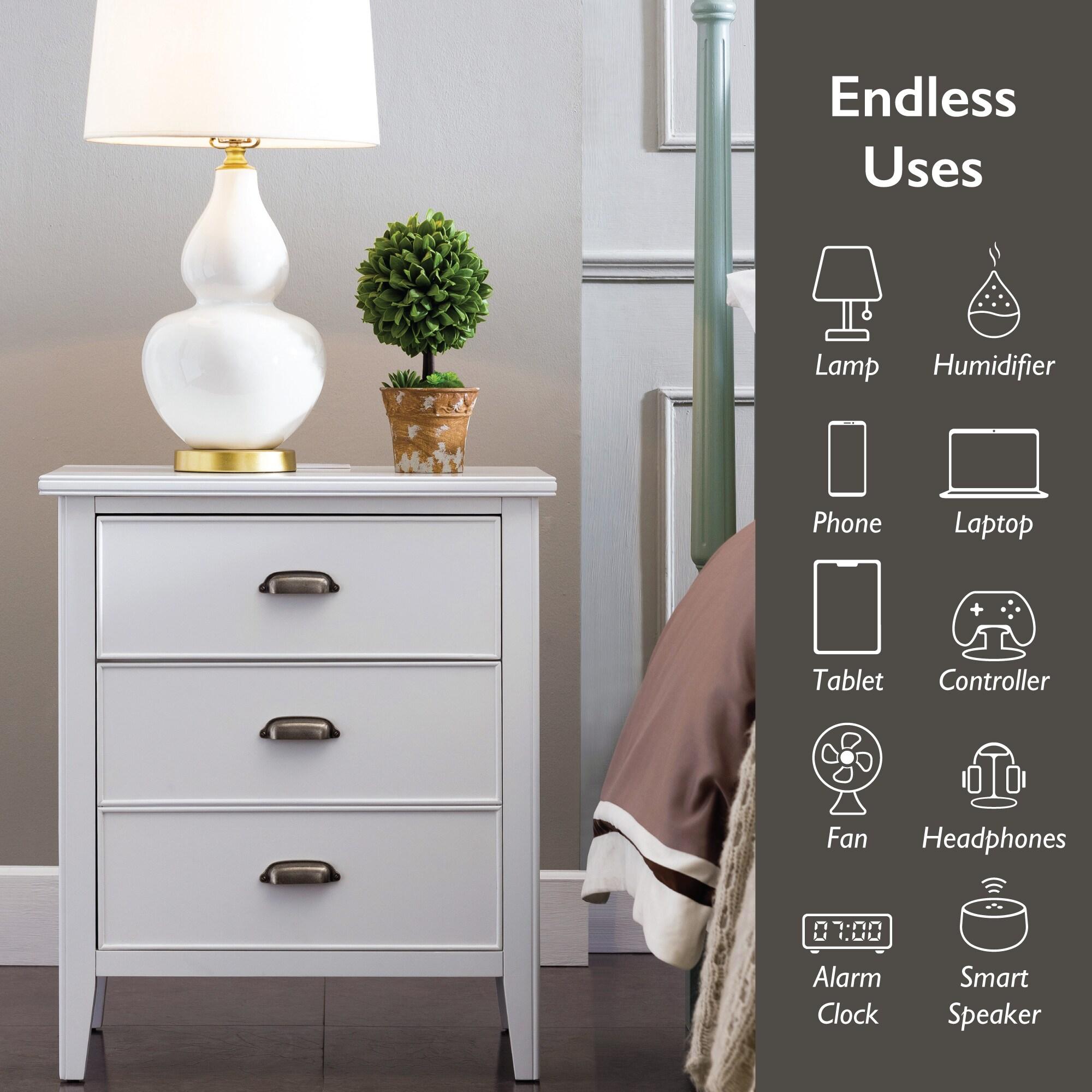 Laurent Collection Hardwood Bedroom Night Stand with Top Drawer, Door and 2-plug Electrical Outlet