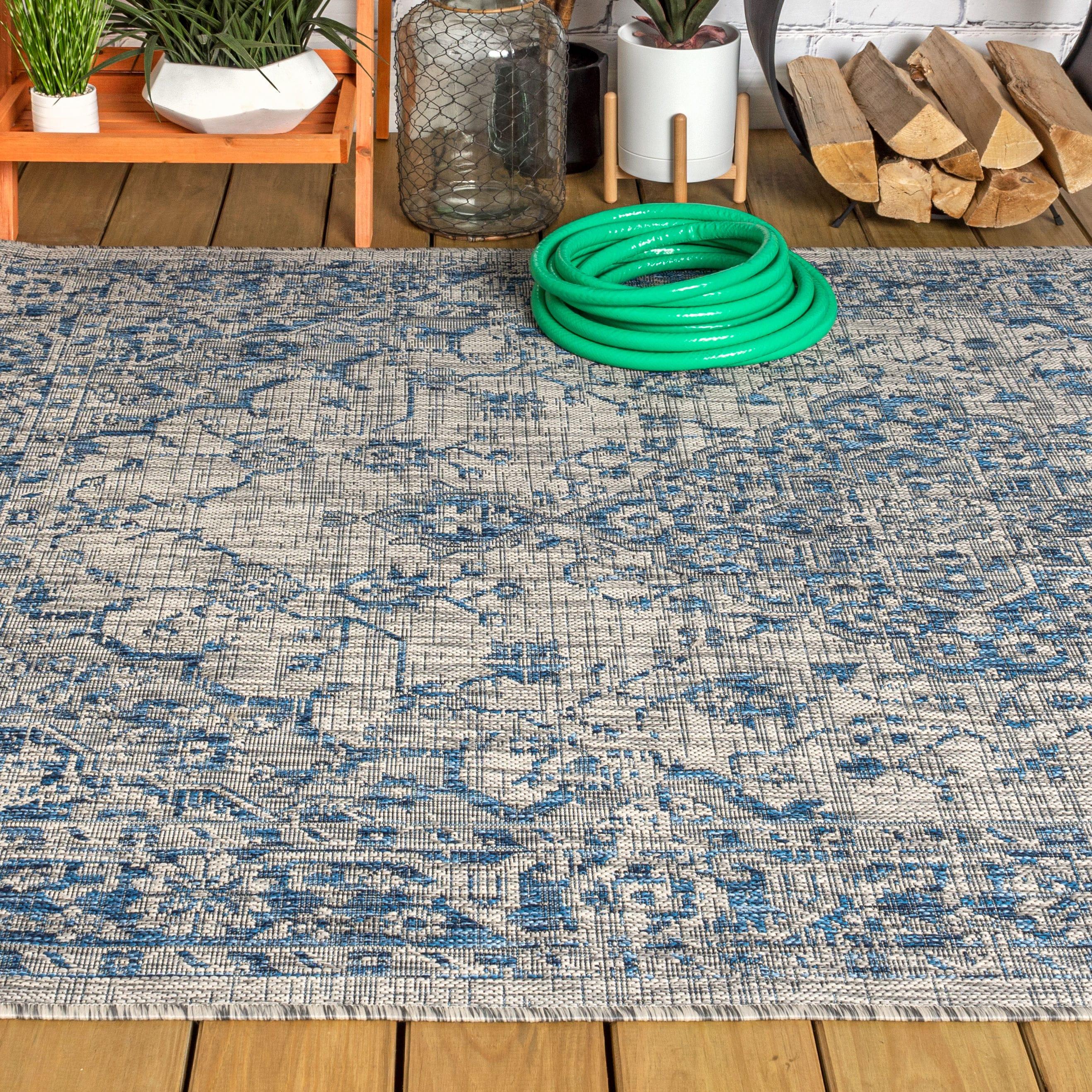 3'x5' Rozetta Boho Medallion Textured Weave Indoor/Outdoor Area Rug, Gray/Navy - JONATHAN Y
