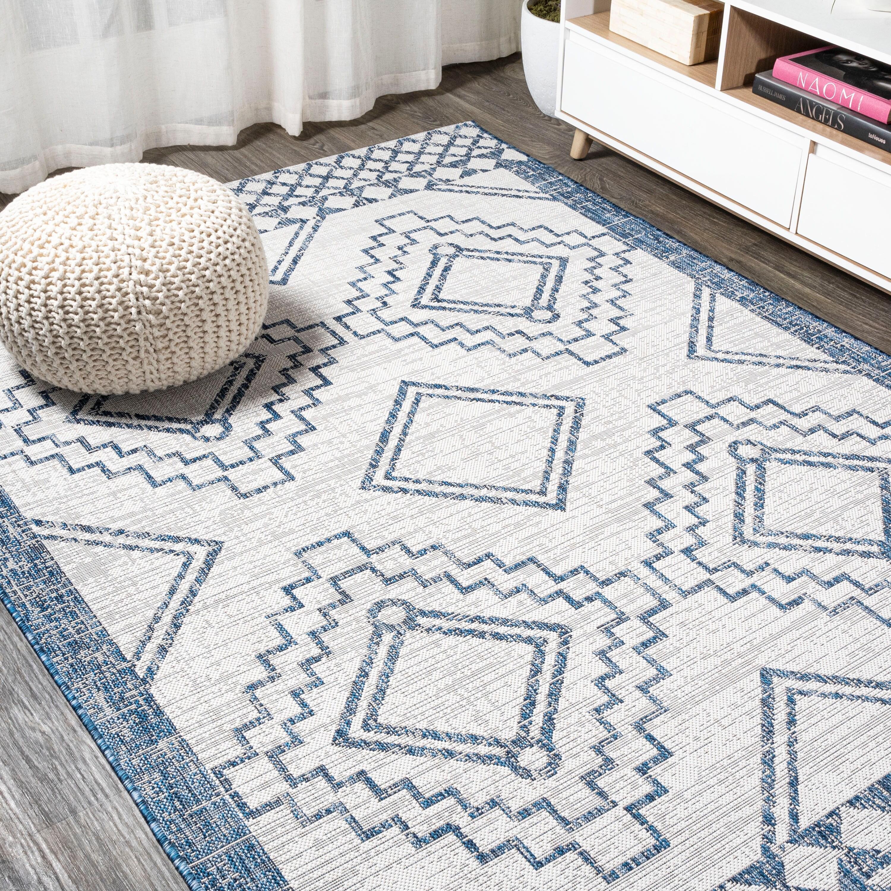 3'x5' Marokko Diamond  Medallion Indoor/Outdoor Area Rug, Ivory/Blue - JONATHAN Y