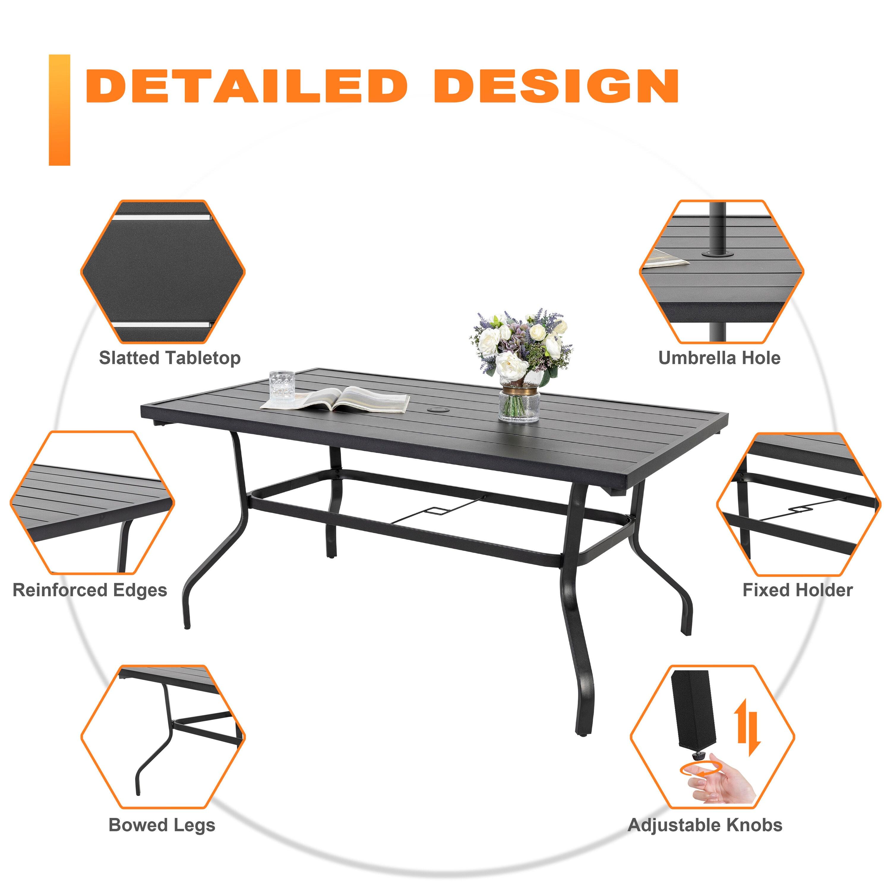 Nuu Garden Outdoor 7-Piece Iron Dining Set with 1.77'' Umbrella Hole