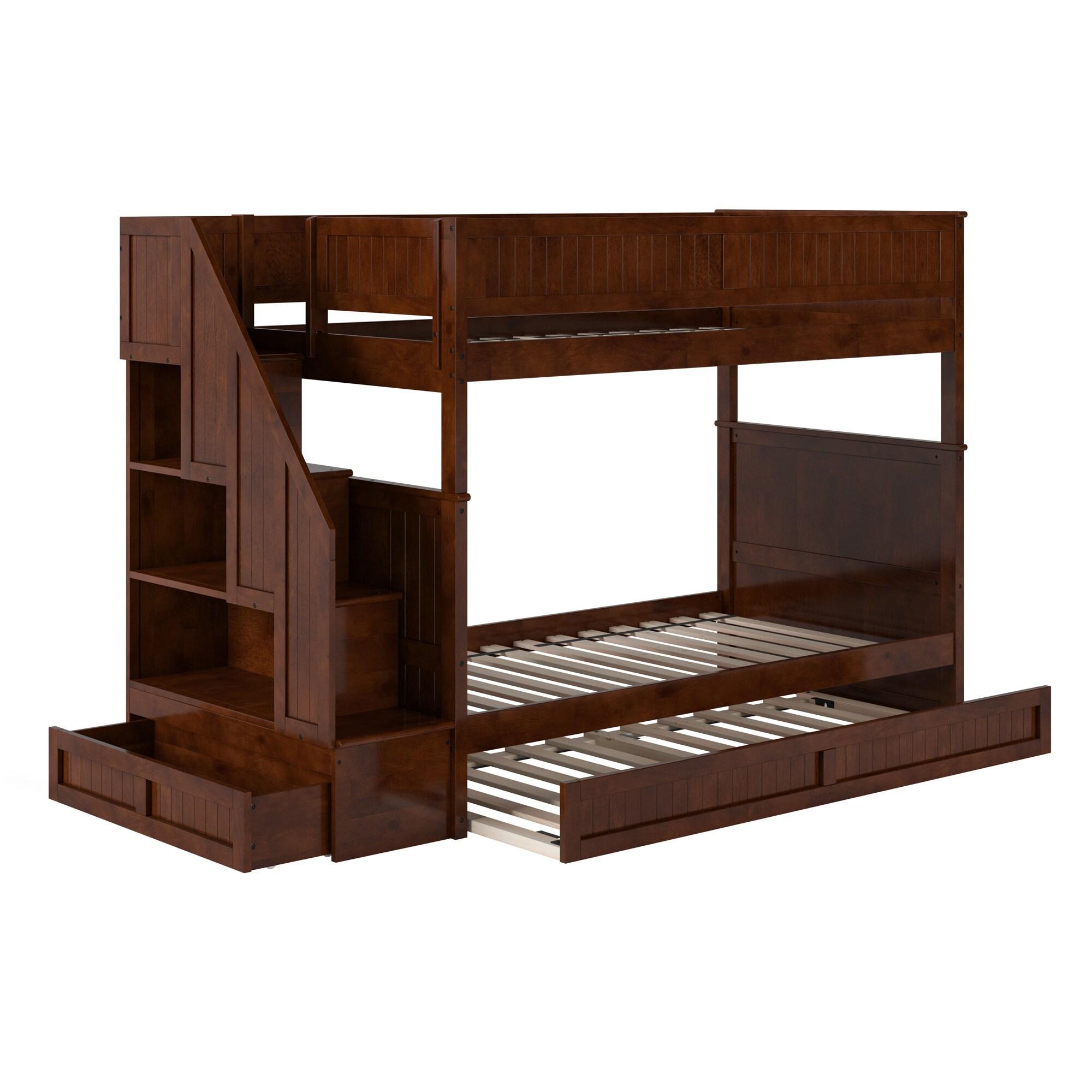 Walnut Twin Over Twin Bunk Bed with Storage Drawer and Trundle