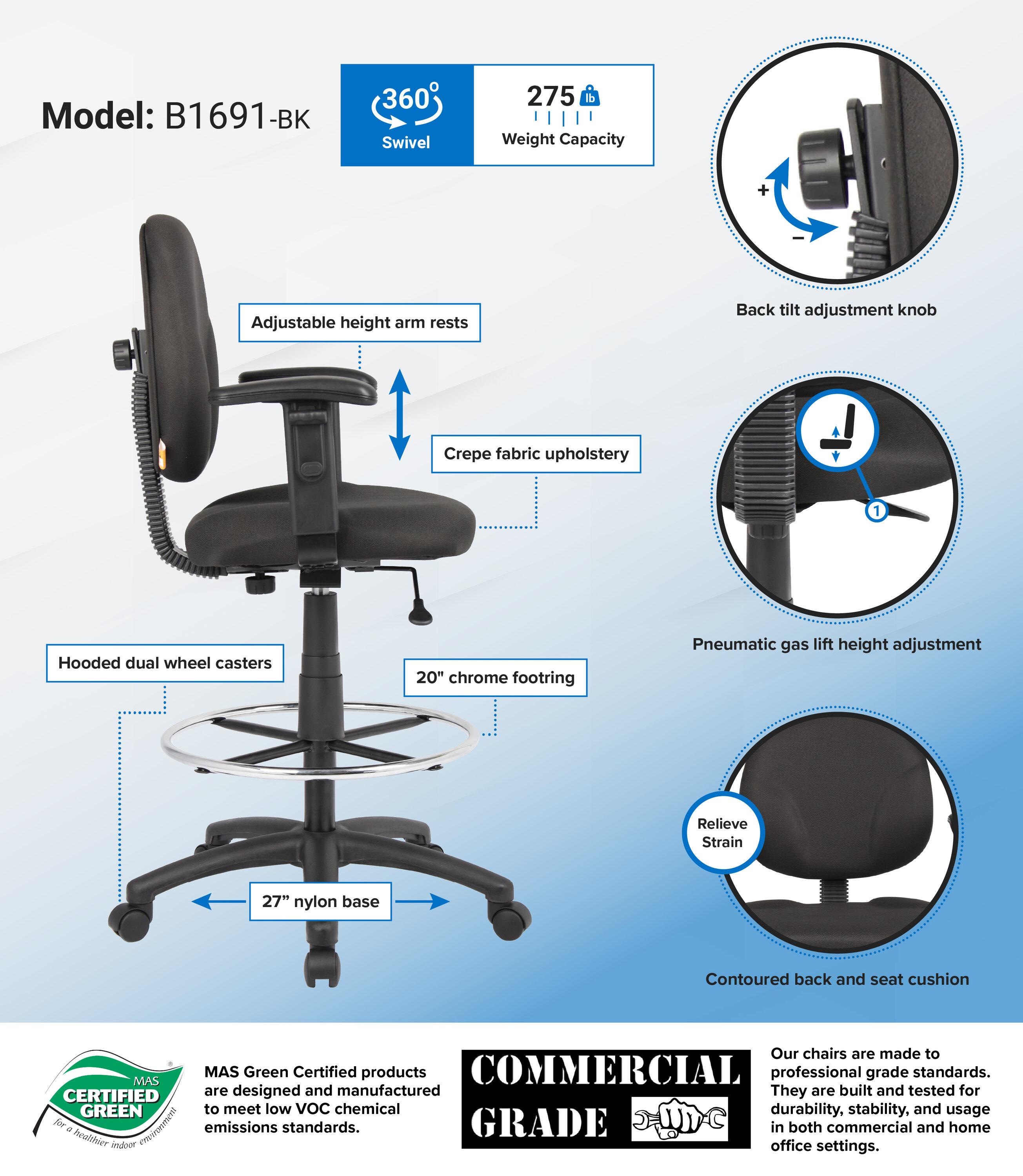Drafting Stools with Adjustable Arms Black - Boss Office Products: Pneumatic Lift, 275lb Capacity, Nylon Base