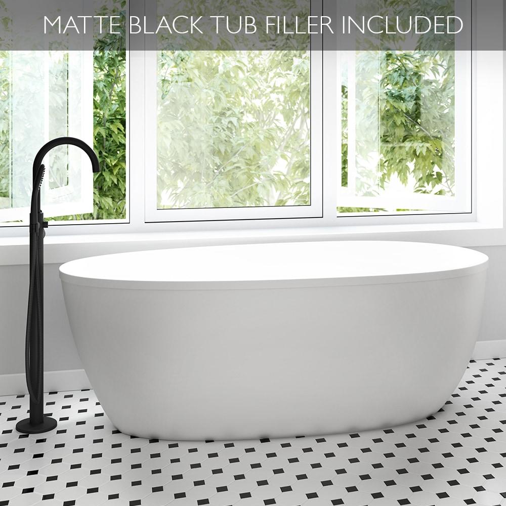 STRETTO 6732 Acrylic Freestanding Soaking Bath Univ End Drain White/White With NW50827 Round Tub Filler Chrome