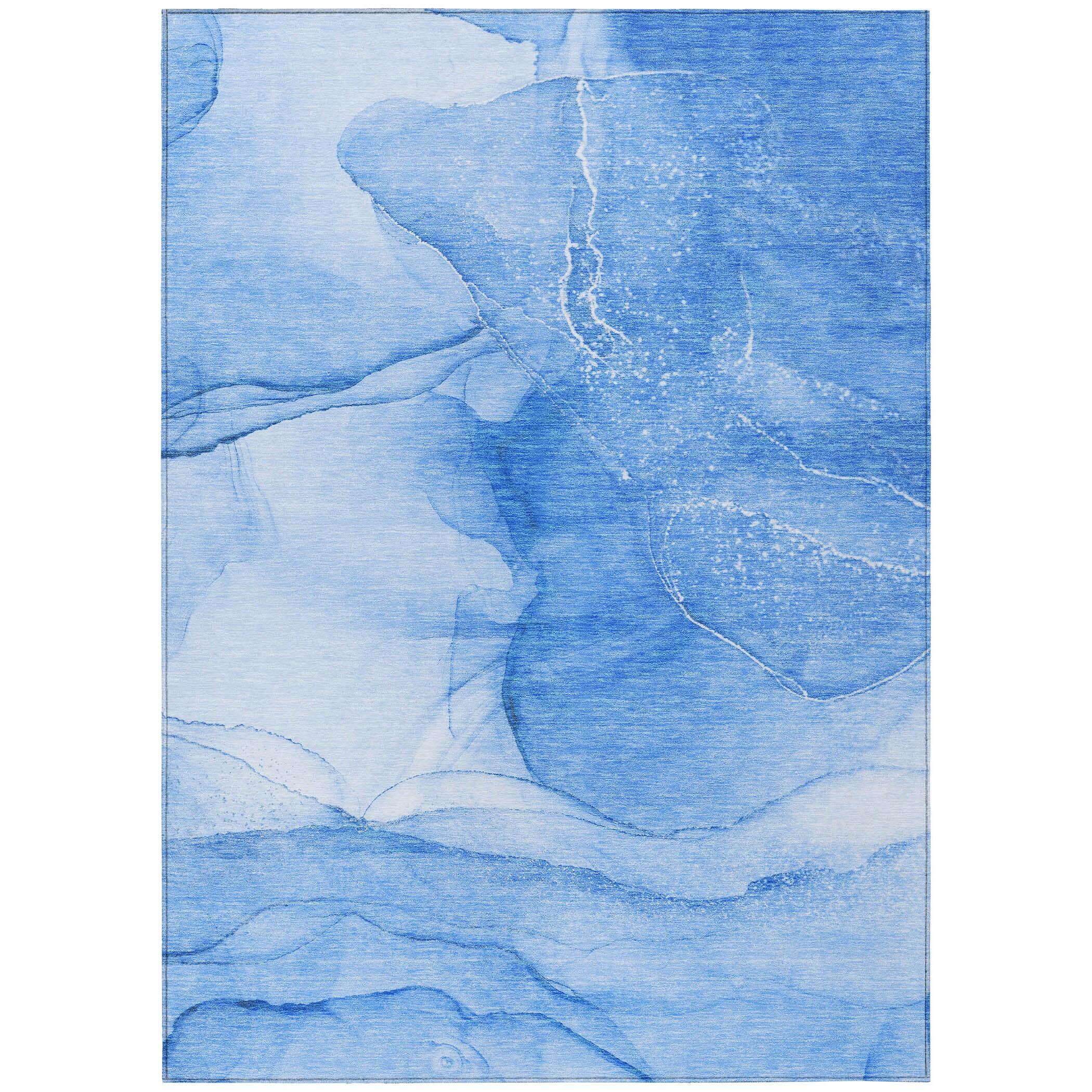 Blue Watercolor Pattern Machine Washable Indoor Outdoor Rug
