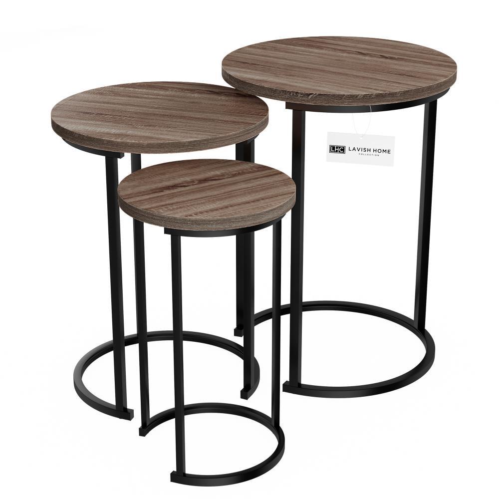 Hastings Home Set of 3 Round End Tables with Woodgrain-Look and Black Metal Base, Gray/Brown