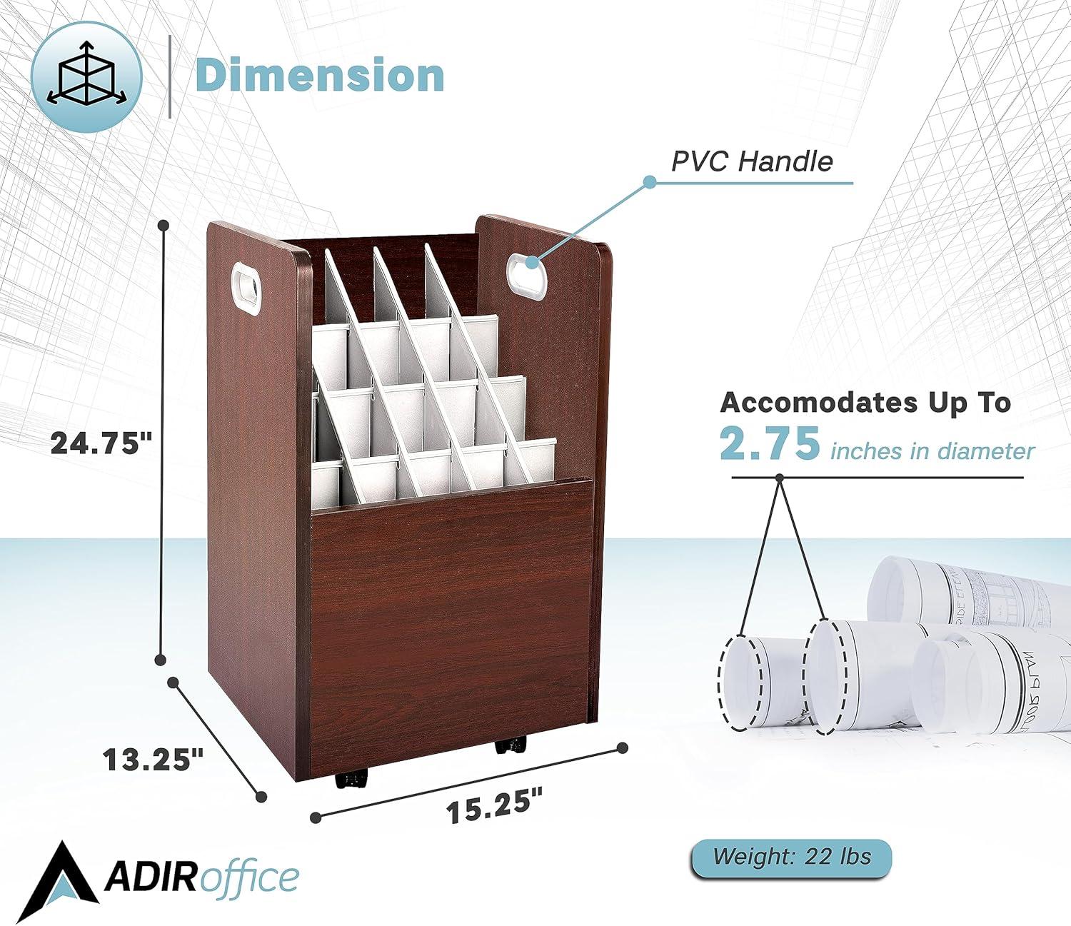 AdirOffice 20-Slot Mobile Rolling Wood Blueprint Roll File Large Document Organizer