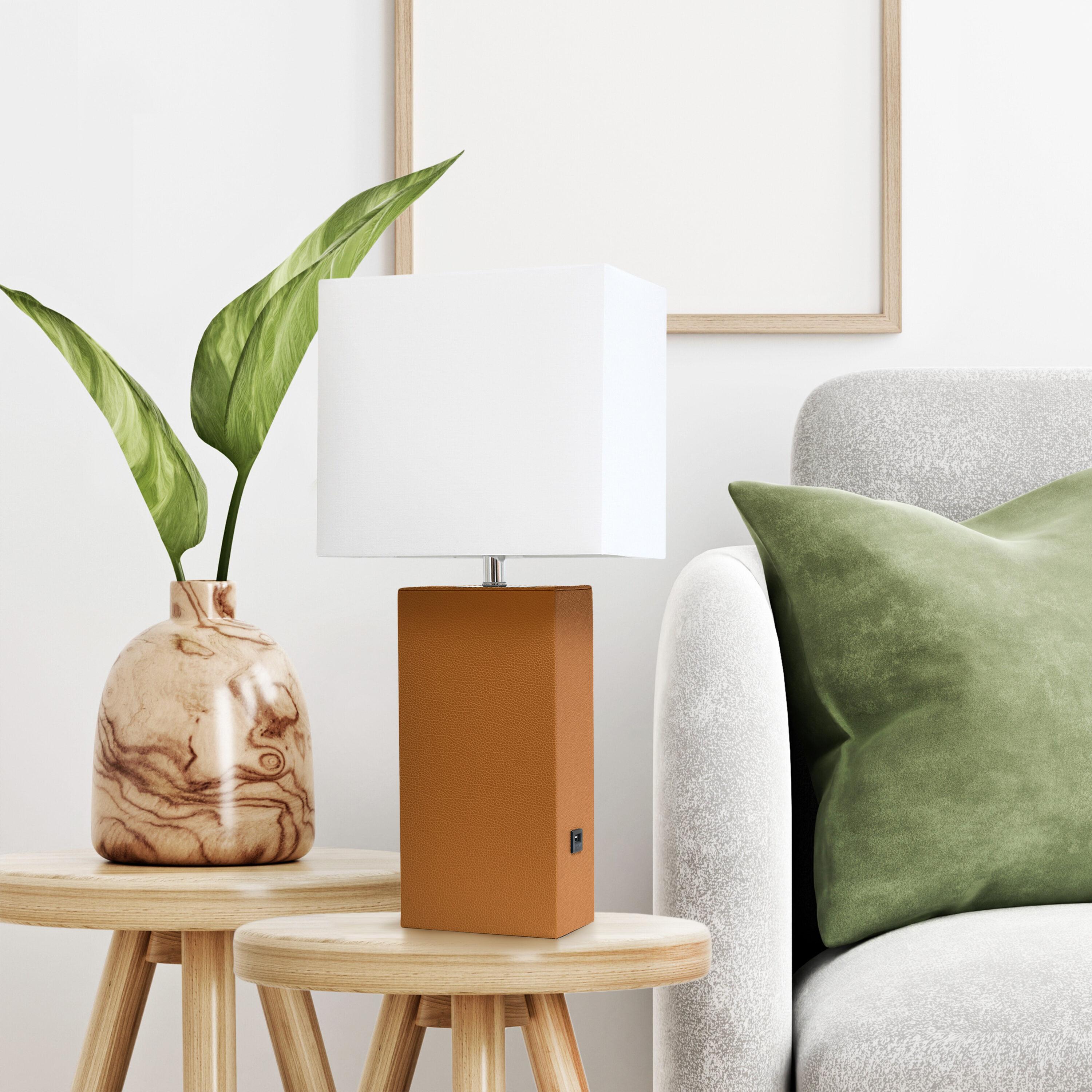 21" Lexington Leather Base Modern Home Decor Bedside Table Lamp with USB Charging Port and Fabric Shade Tan/White - Lalia Home: No Assembly