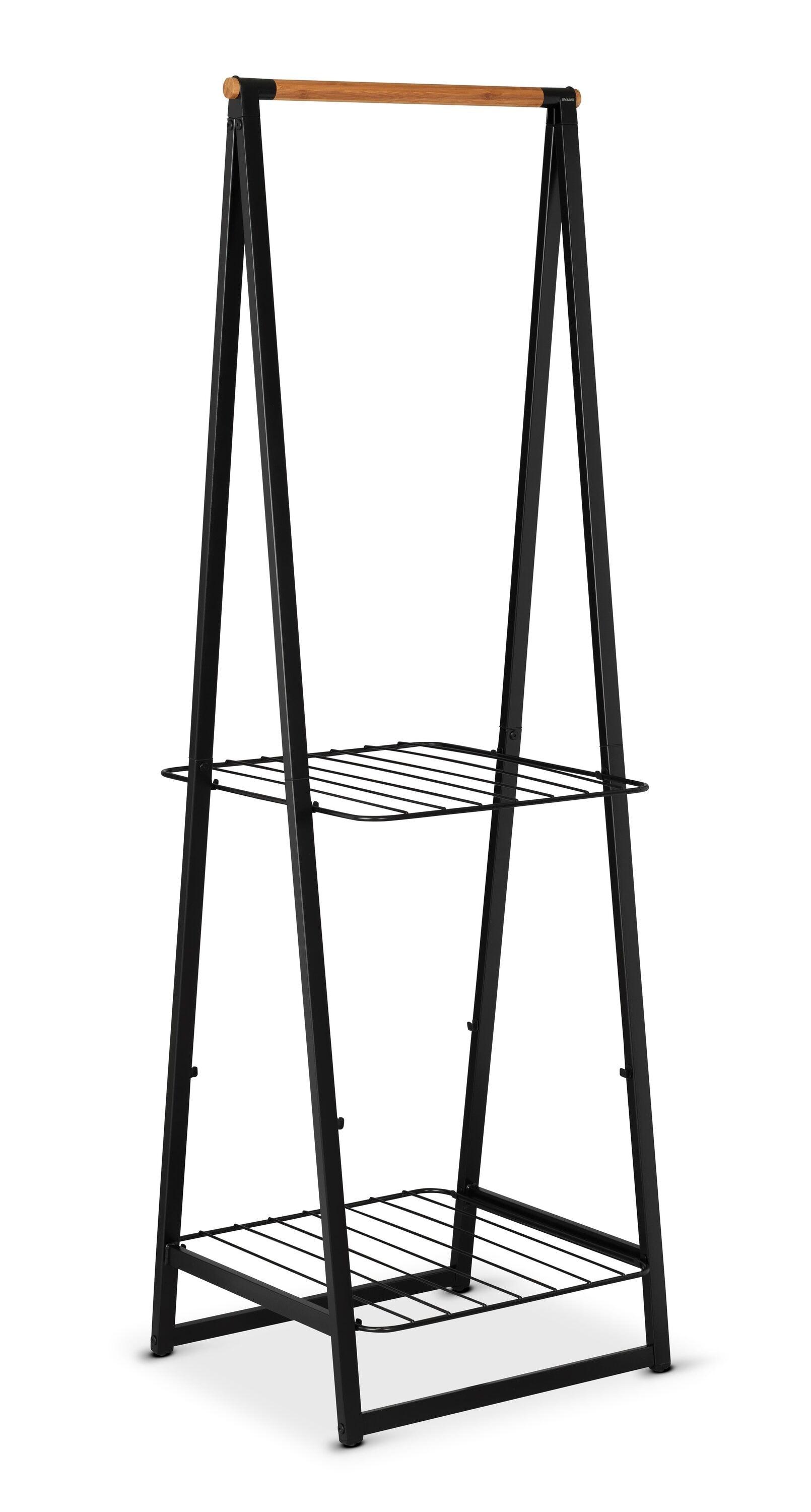 Black Steel and Bamboo Freestanding Garment Rack with Adjustable Shelves