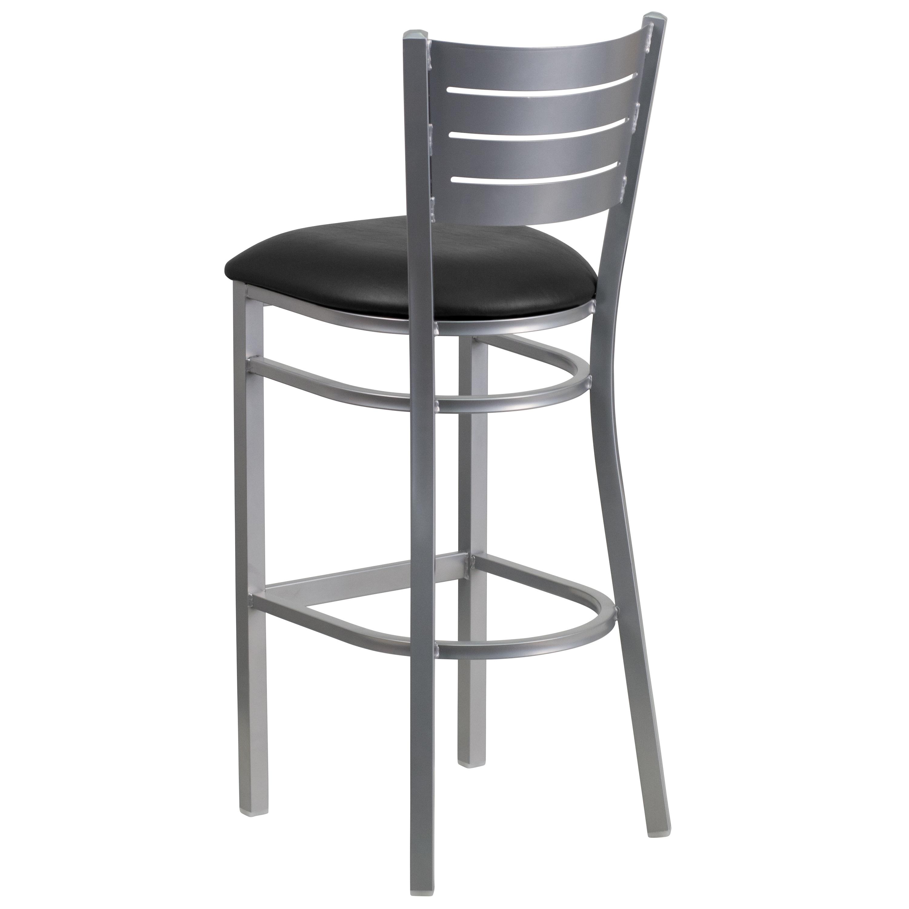 Flash Furniture HERCULES Series Silver Slat Back Metal Restaurant Barstool - Black Vinyl Seat