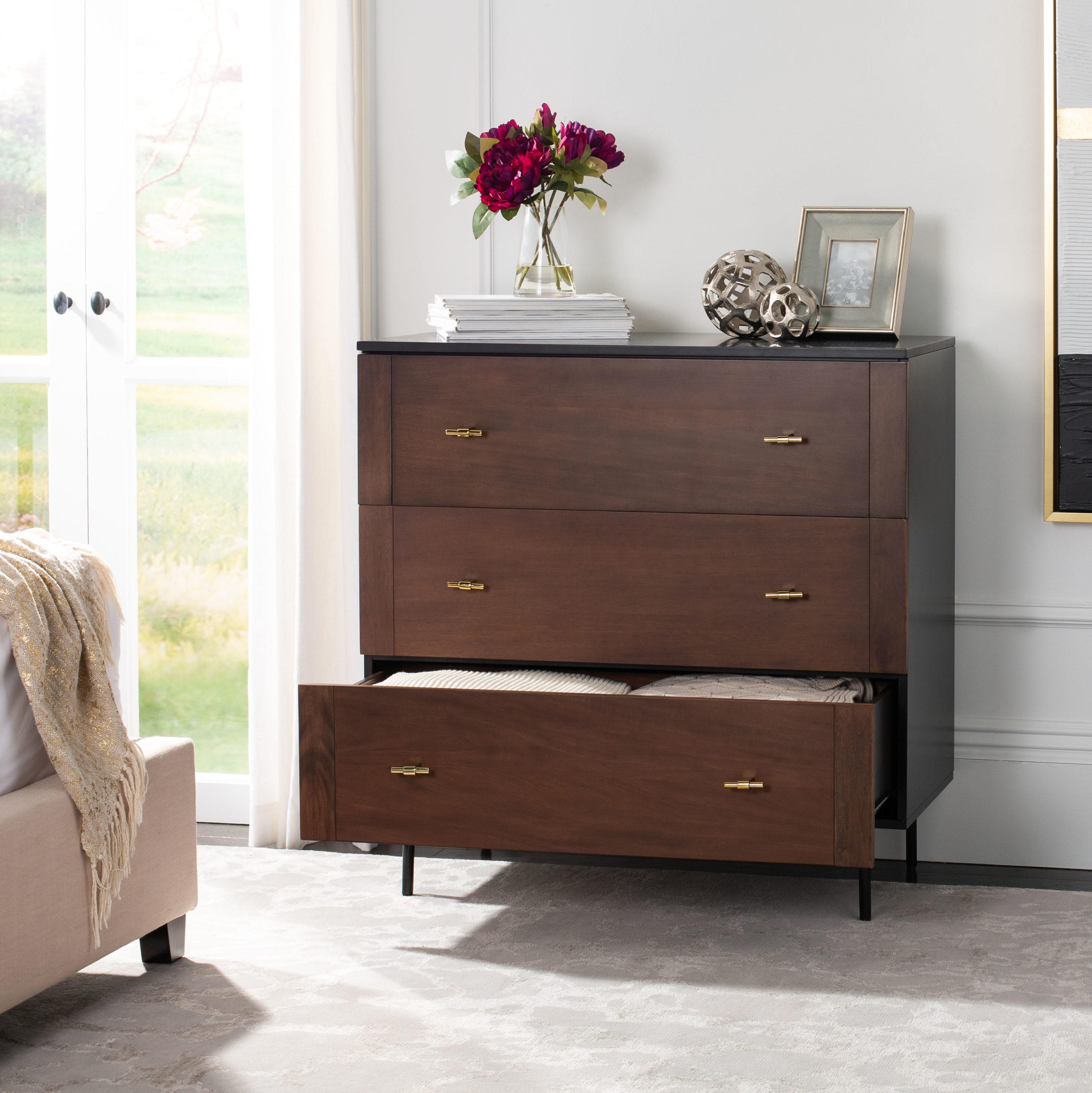 Genevieve 3 Drawer Dresser - Walnut/Black/Gold - Safavieh