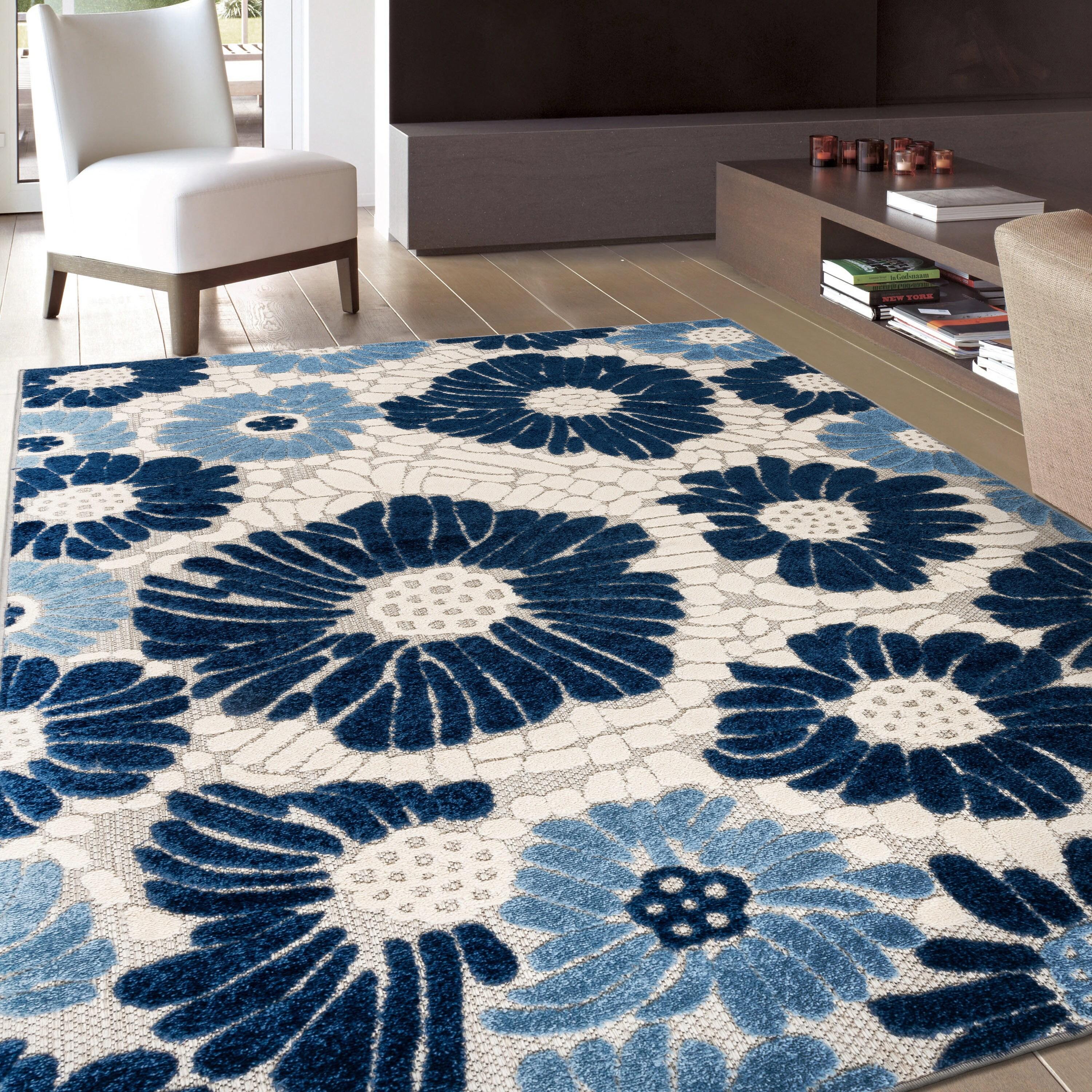 World Rug Gallery Palermo Modern Floral Indoor/Outdoor Area Rug - Navy 5' x 7':  Weather-Resistant,  Low Pile,  Botanical Pattern