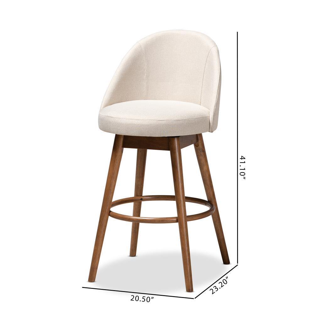 Baxton Studio Carra Mid-Century Modern Light Beige Fabric Upholstered Walnut-Finished Wood Swivel Bar Stool Set of 2