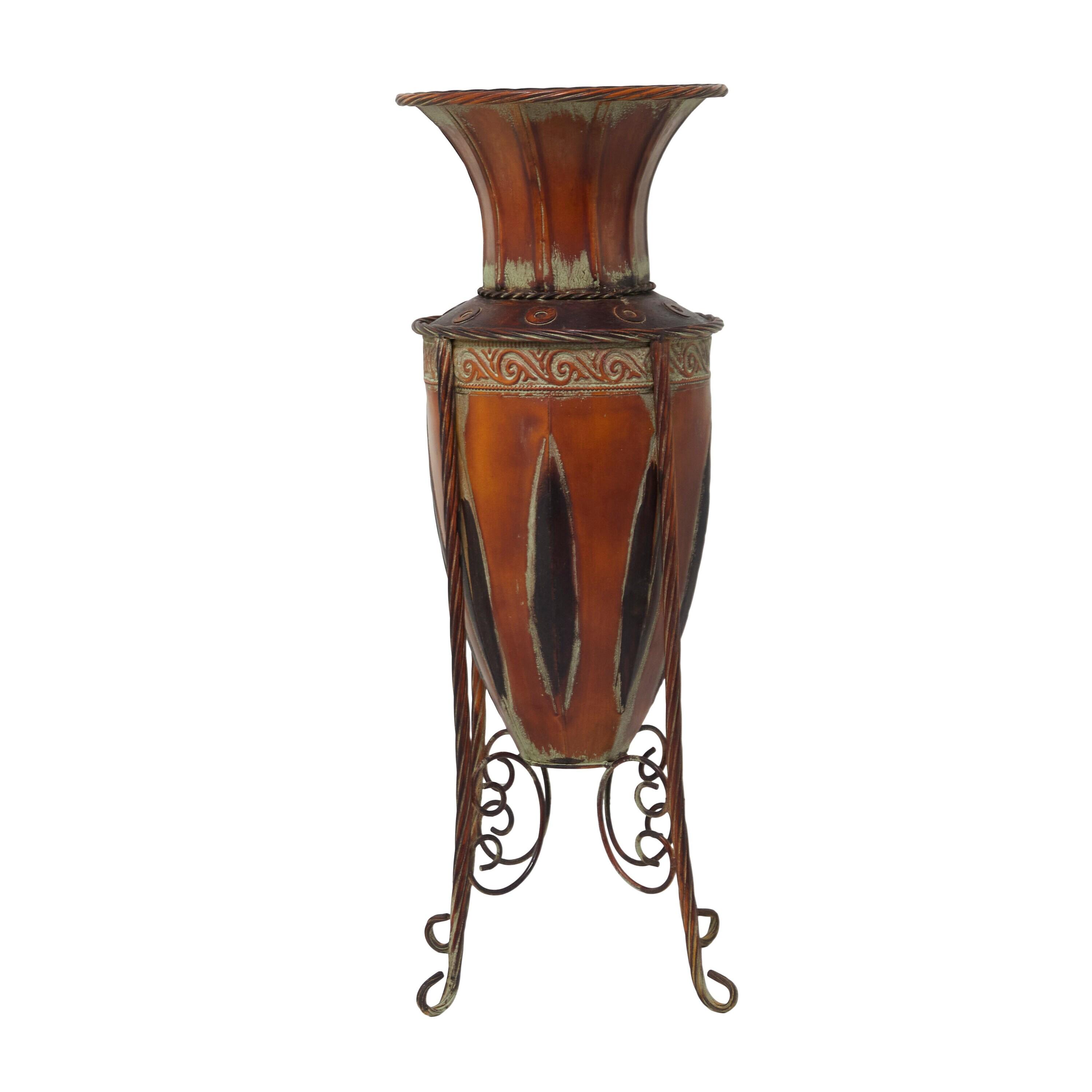 DecMode 27" Tall Brown Metal Vase with Attached Metal Stand and Intricate Design