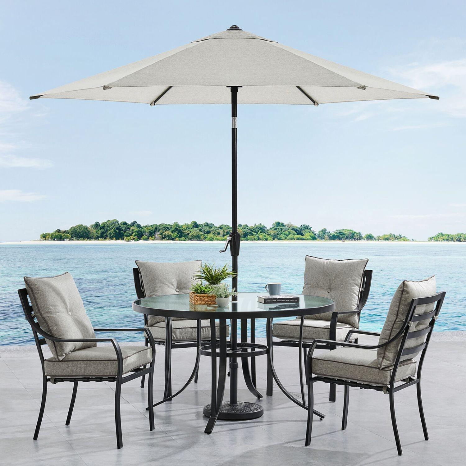 Hanover Lavallette 5-Piece Modern Outdoor Dining Set with Umbrella, Silver