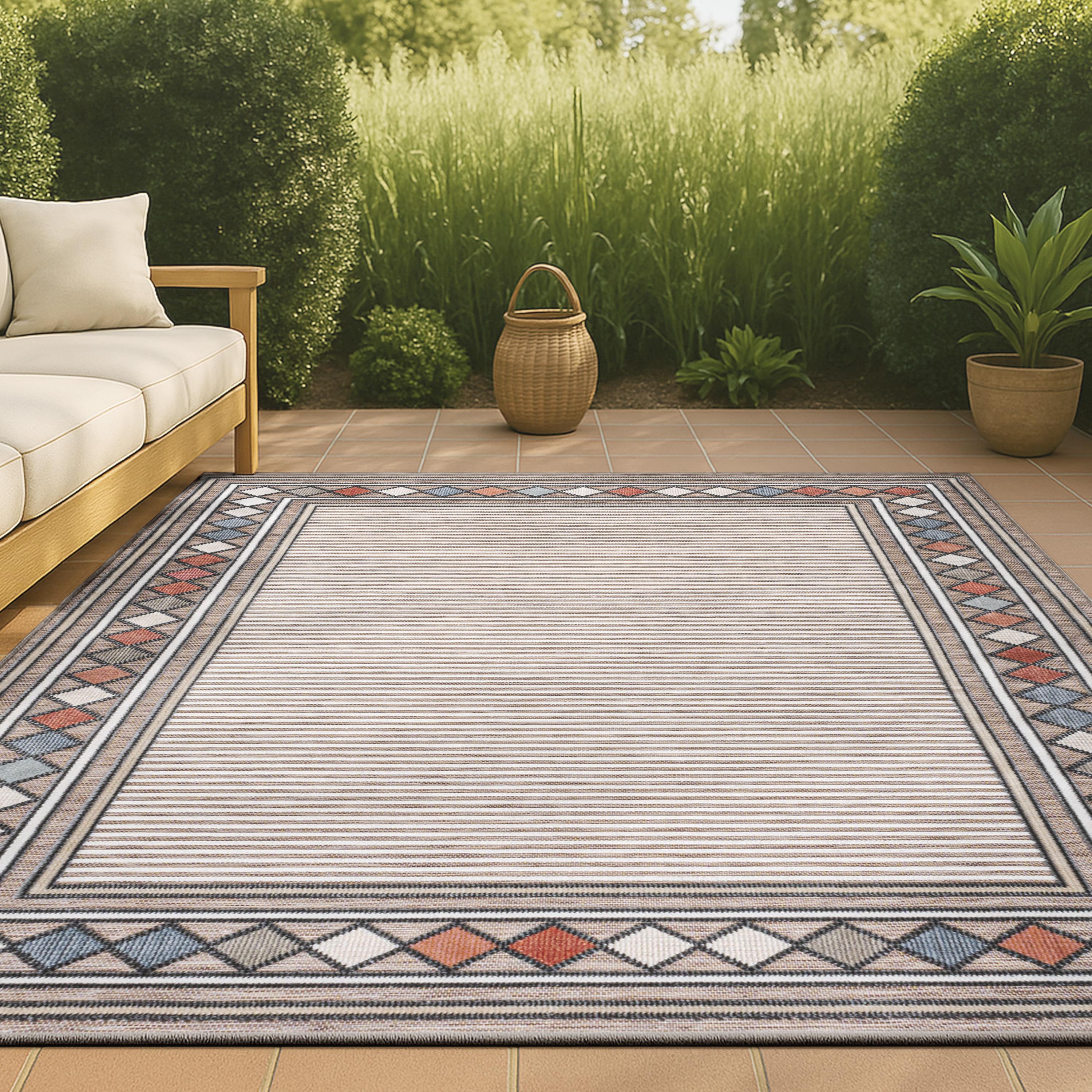 JONATHAN Y Sebastian High-Low Modern Diamond Border Brown/Ivory 3 ft. x 5 ft. Indoor/Outdoor Area Rug