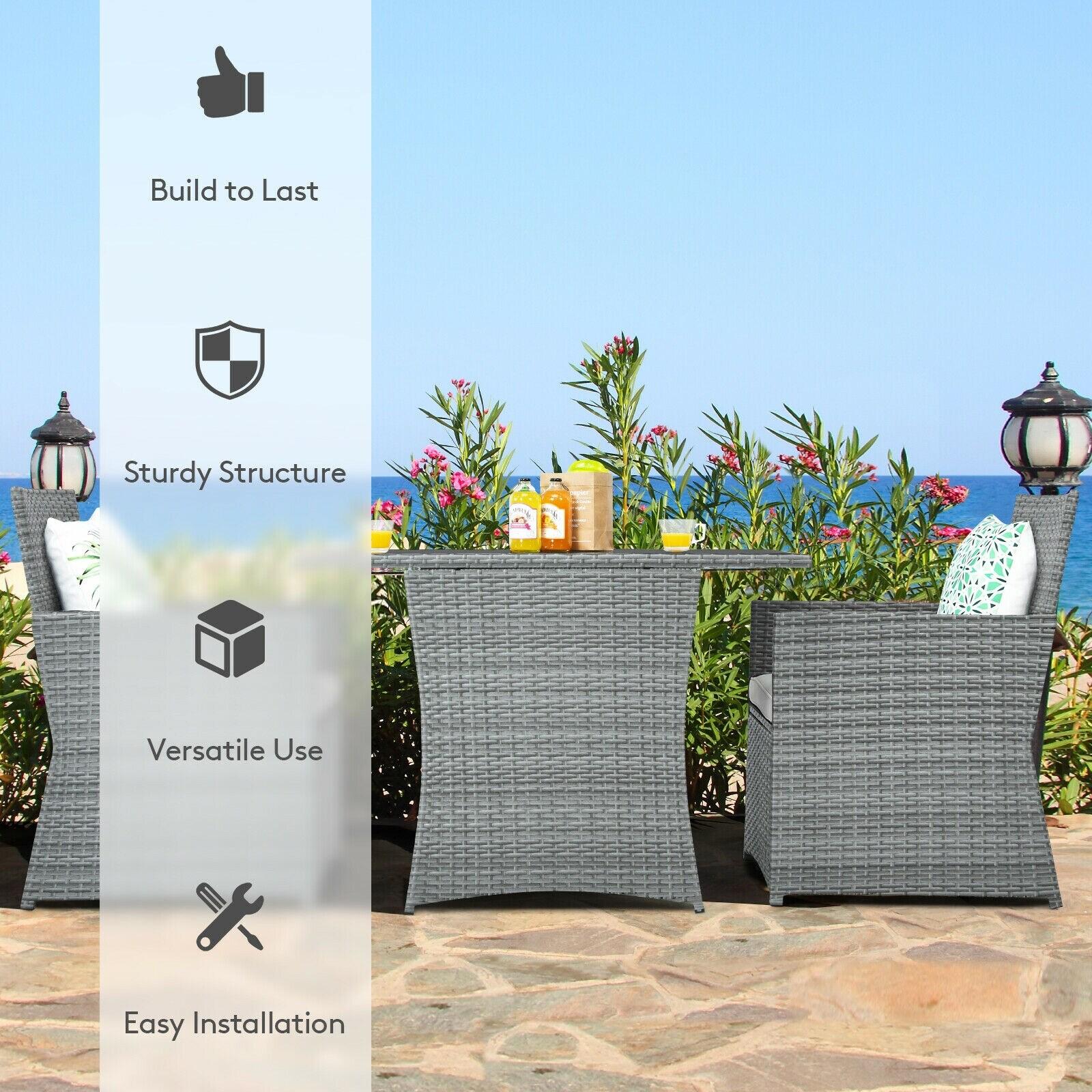 Canddidliike 3 Pieces Patio PE Rattan Furniture Set with 2 Ergonomic Chairs , Space-Saving Outdoor Conversation Set with Cushioned Armrest Sofa, Patio Bistro Set for Outdoor, White