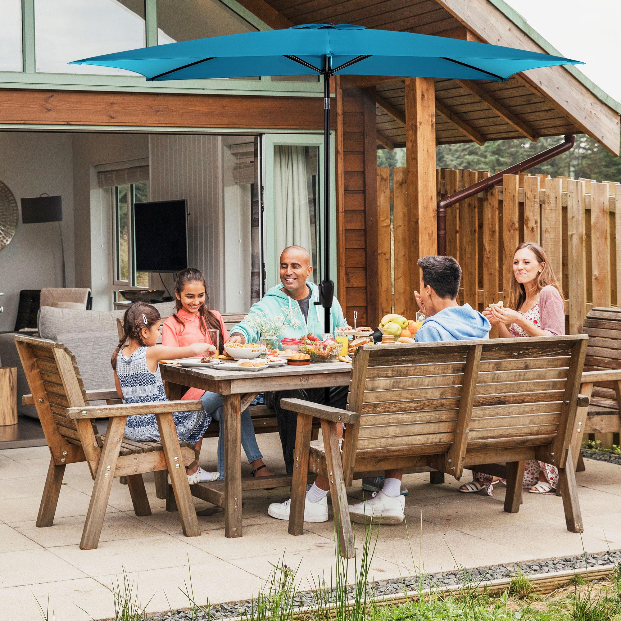 Sun-Ray 6.6x10 FT Rectangular Patio Umbrella with Push-Button Tilt and Hand Crank Canopy Lift, Table Umbrella with Solution Dyed Navy Fabric for Porch, Deck, Garden, and Swimming Pool, Teal