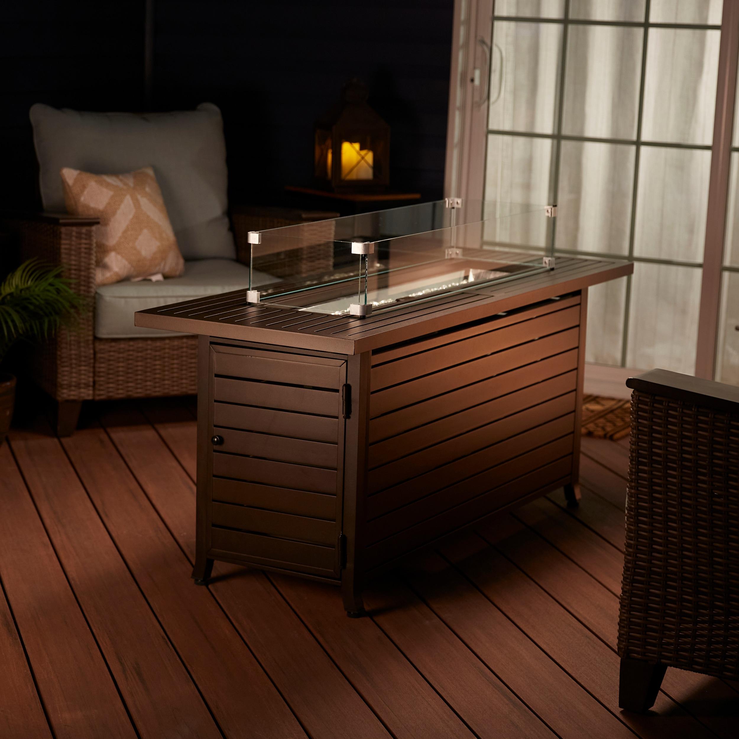56 in. x 21 in. Rectangular Fire Table with Glass Wind Guard, Cover and Table Lid in Bronze