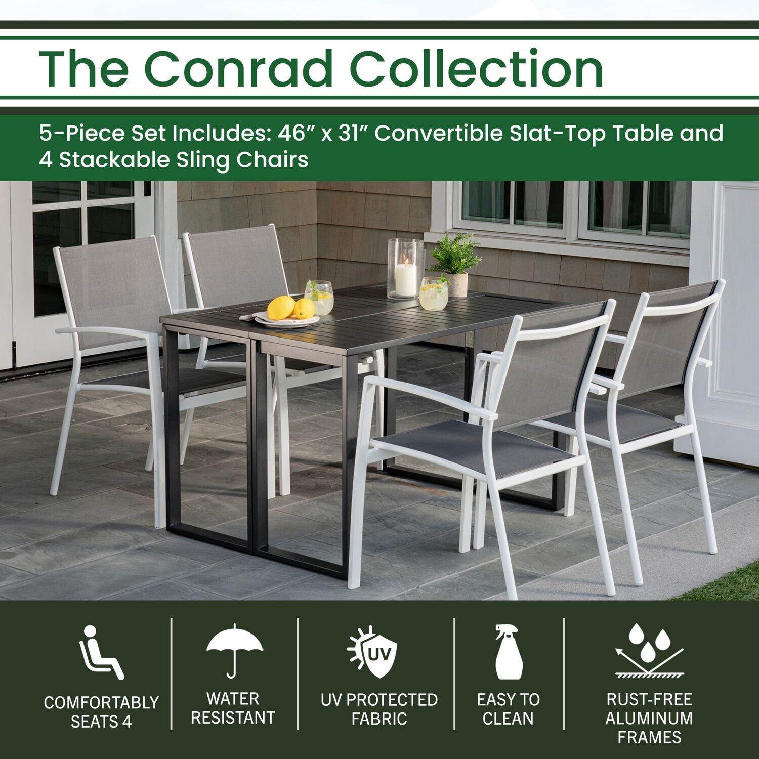 Hanover Conrad 5-Piece Compact Outdoor Dining Set | 4 Stackable Sling Chairs | Slat-Top Convertible Folding Table | Modern Design | Durable Aluminum Frame | White/Gray | CONDN5PC-WHT