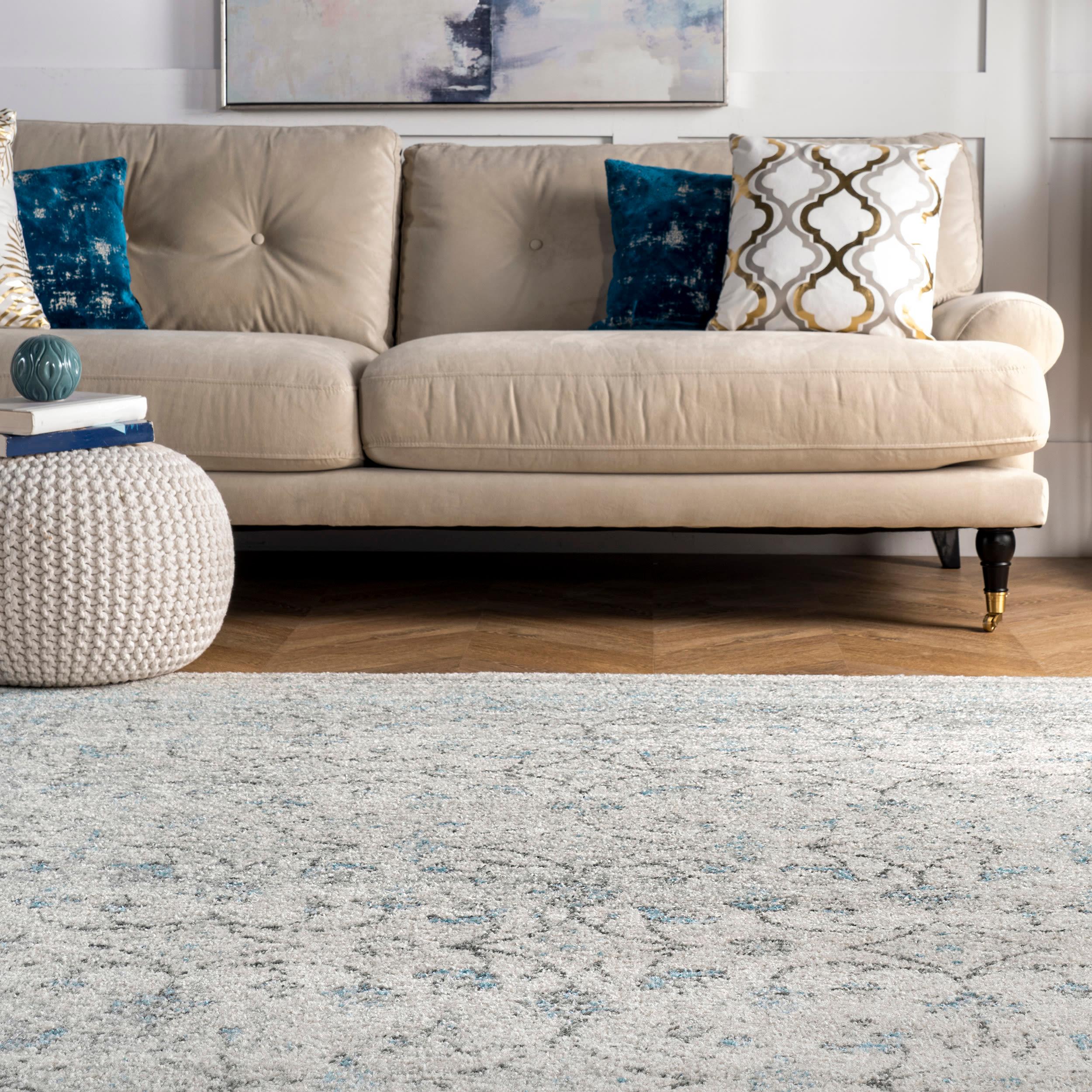 Aqua and Gray Floral Synthetic Reversible Runner Rug, 2' x 6'