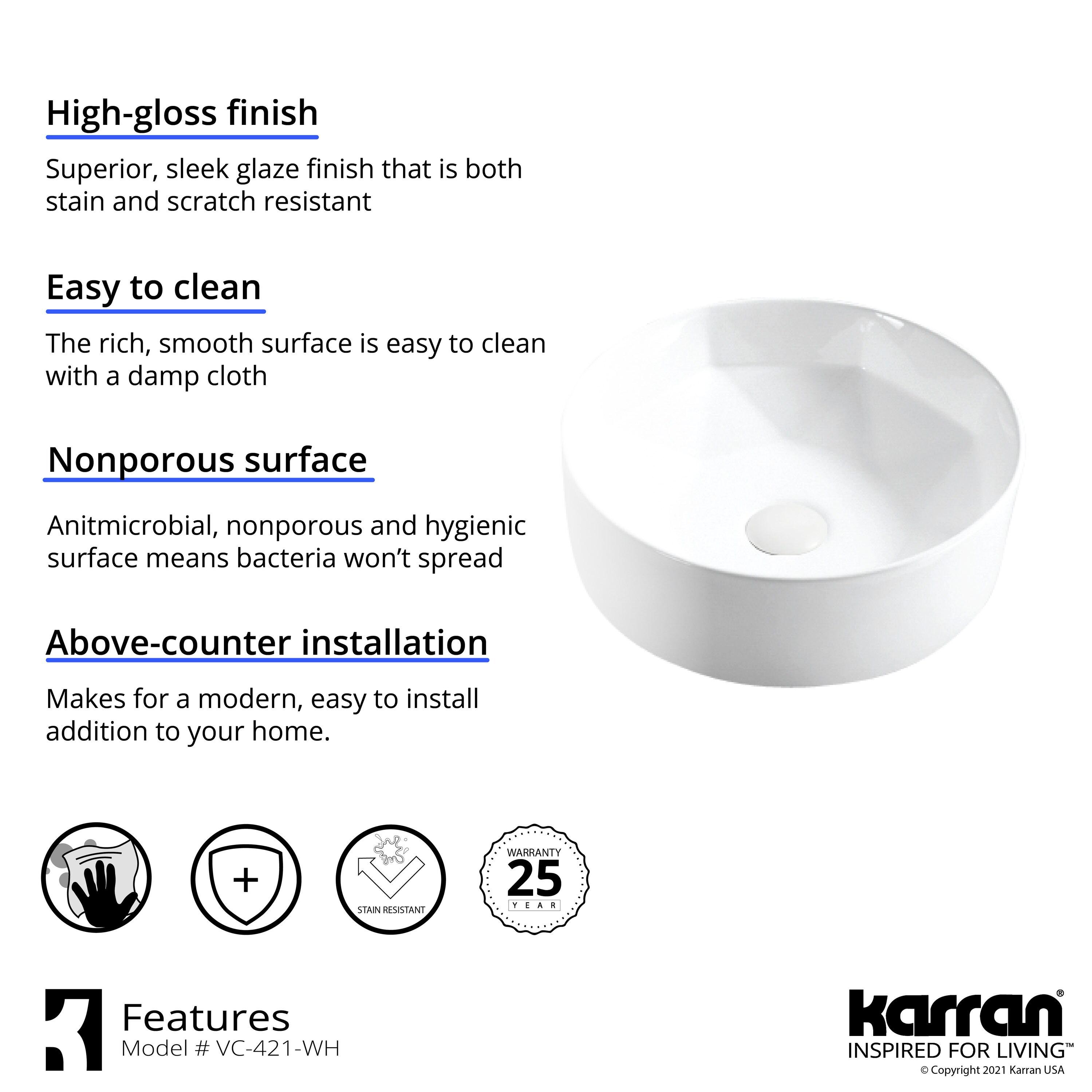 Karran VC-421-WH Karran Valera 16 In. Vitreous China Round Vessel Bathroom Sink