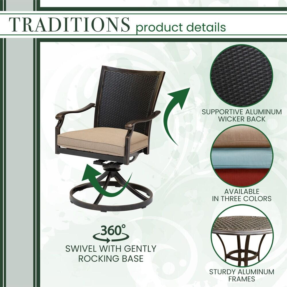 Hanover Traditions 3-Piece Outdoor Furniture Patio Bistro Set, 2 Cushioned Wicker Aluminum Swivel Rocker Chairs and 32" Round Cast Table, Natural Oat
