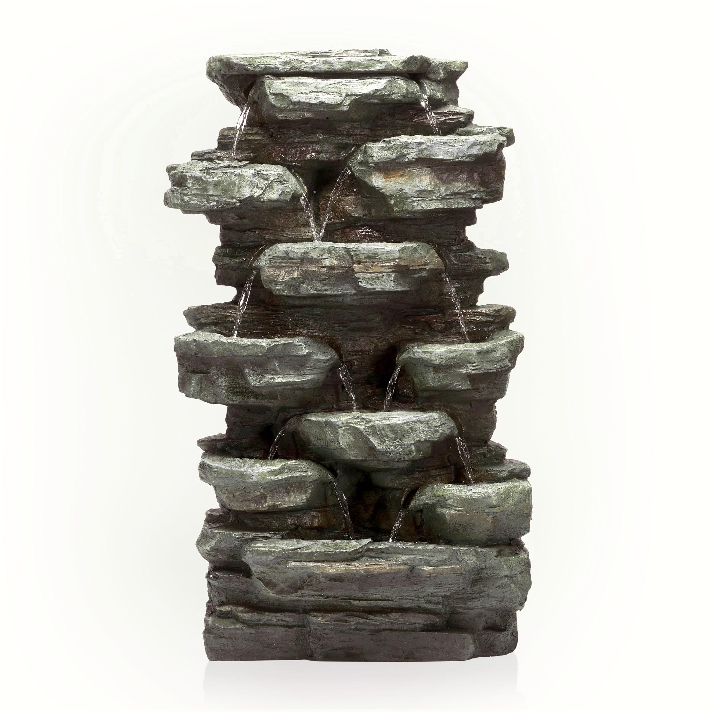 Gray Stone 39" Solar Powered Tiered Rock Fountain with LED Lights