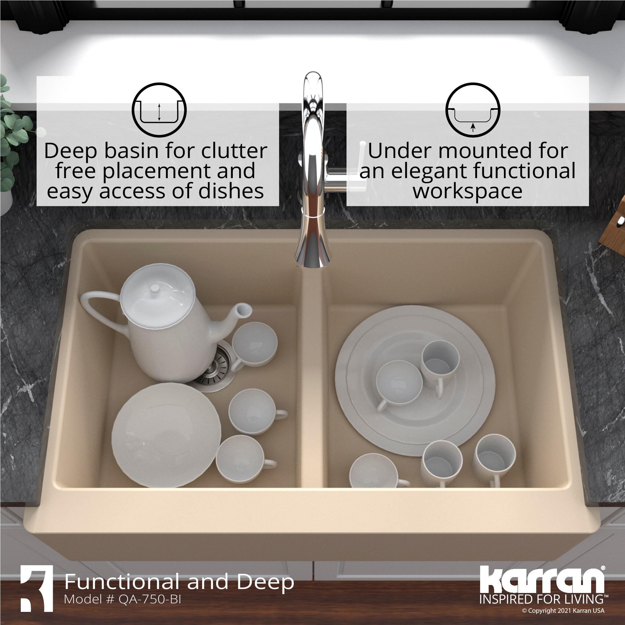 Karran Quartz 34'' X 21-1/4'' 50/50 Double Bowl Farmhouse/Apron Front Kitchen Sink Kit