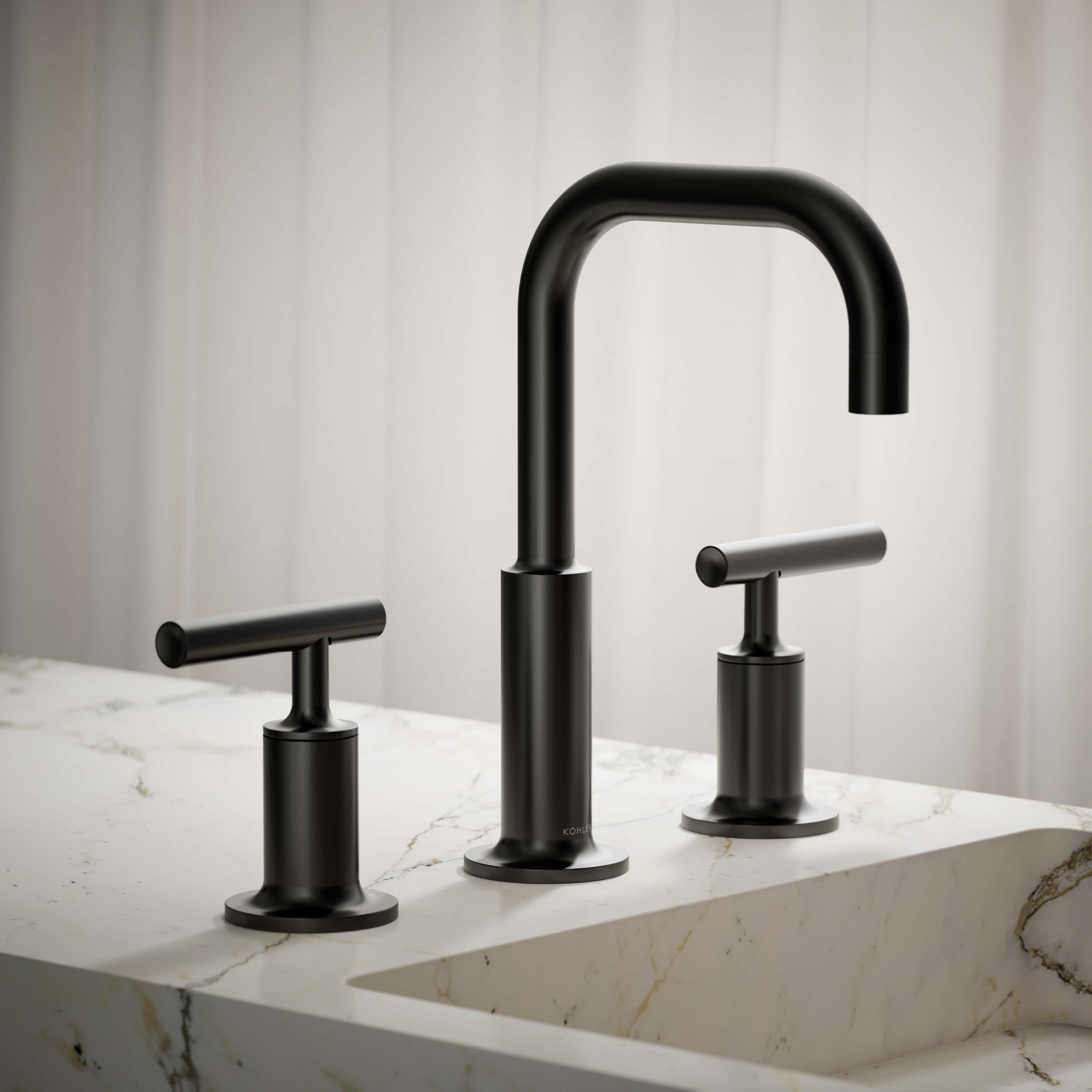 Purist® Widespread Faucet with Drain Assembly Low Lever Handles and Low Gooseneck Spout