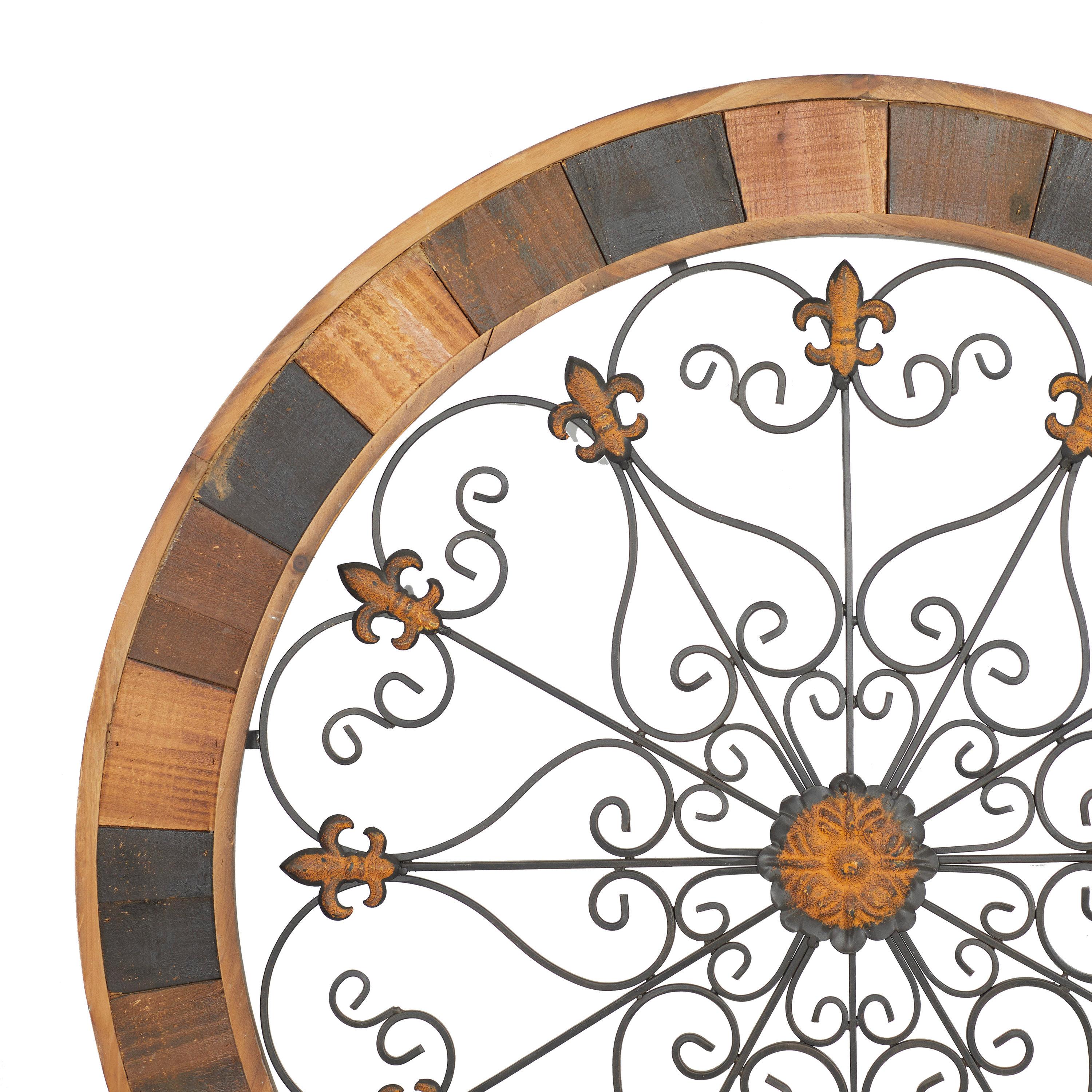 DecMode Brown Wood Arabesque Scroll Wall Decor with Metal Fleur De Lis Relief