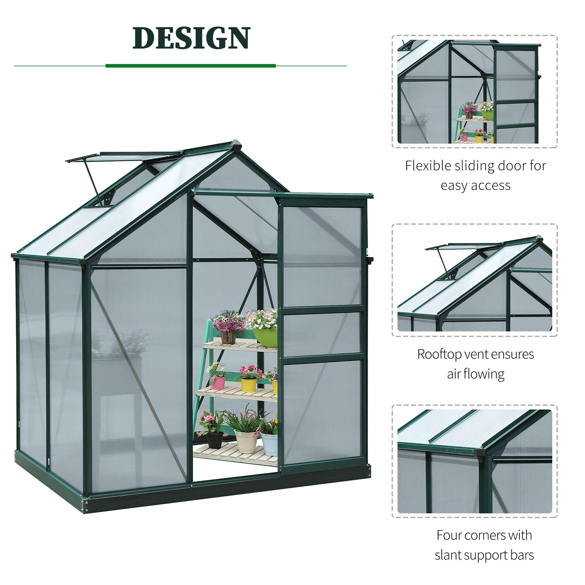 Outsunny 6' x 4' x 7' Polycarbonate Greenhouse, Heavy Duty Outdoor Aluminum Walk-in Green House Kit with Vent & Door for Backyard Garden, Green