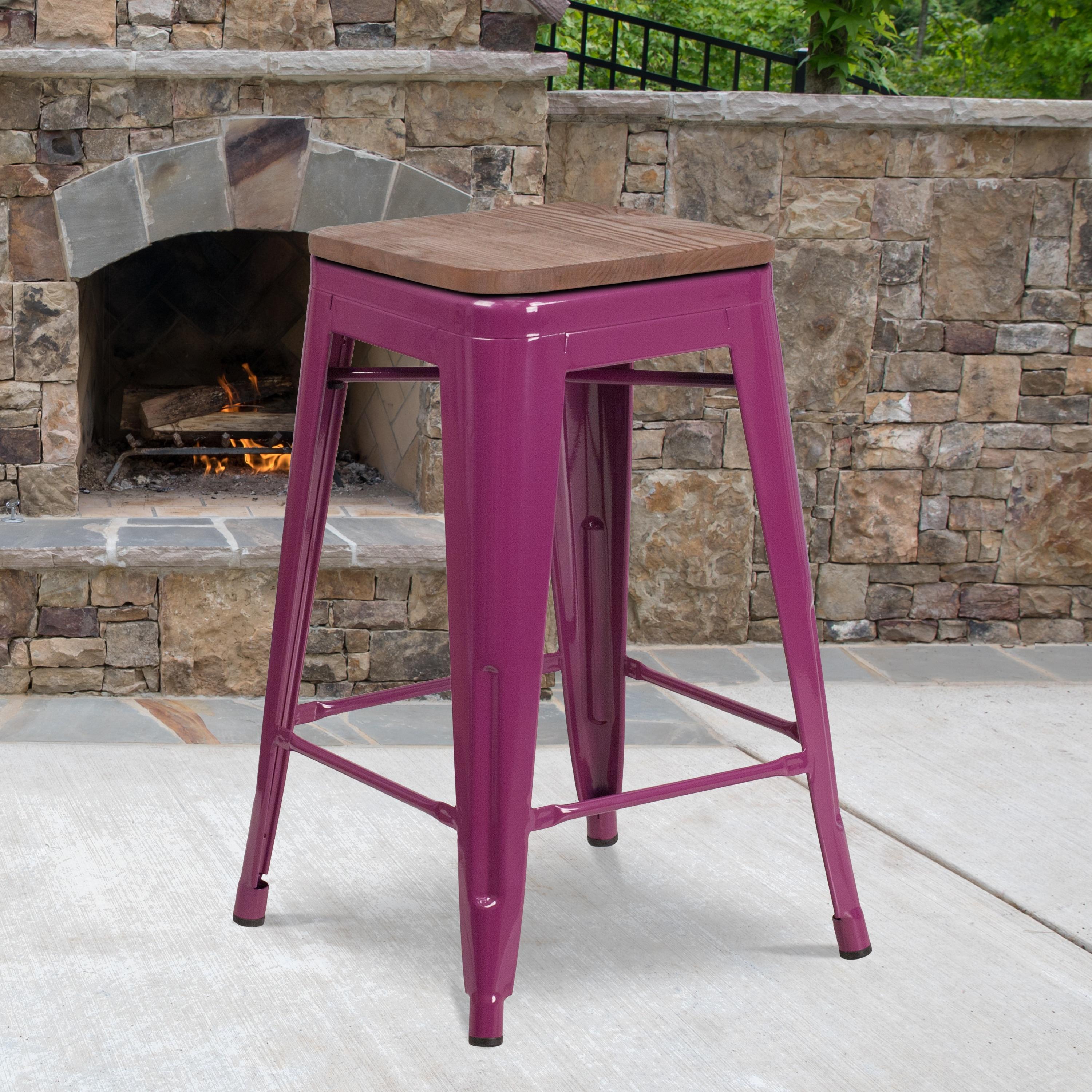 EMMA + OLIVER 24" H Backless Purple Counter Height Stool with Wood Seat
