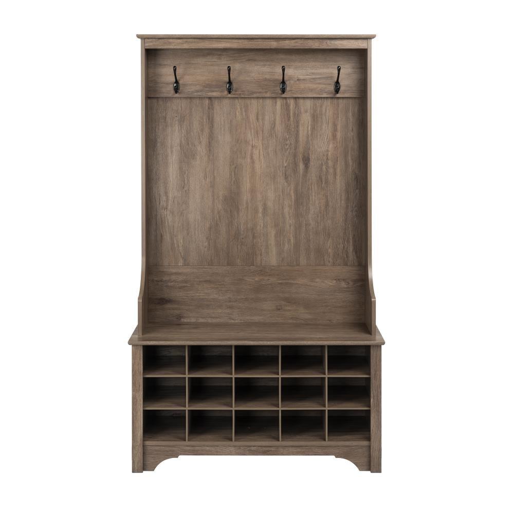 Prepac Hall Tree with Shoe Storage Drifted Gray : Entryway Organizer, Mudroom Bench, 4 Hooks, 15 Cubbies