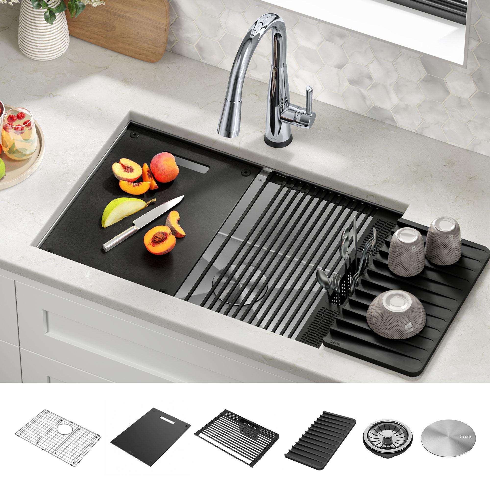 Delta Rivet™ 27" L Workstation Kitchen Sink Undermount 16 Gauge Stainless Steel Single Bowl with WorkFlow™ Ledge