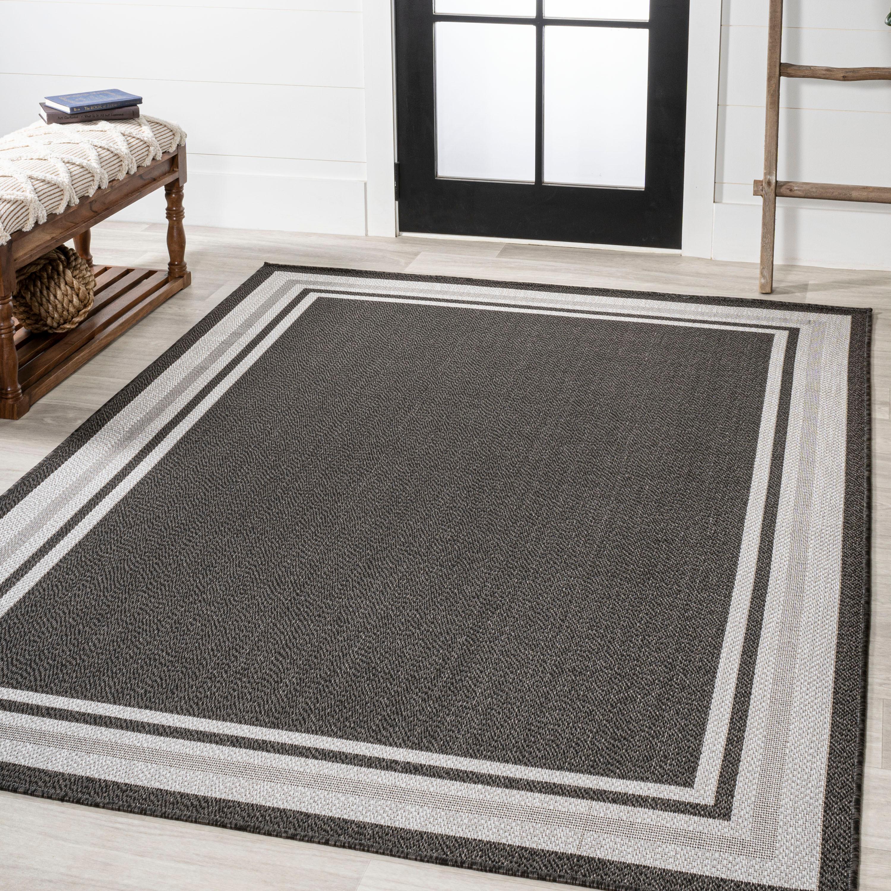 4' x 6' James Modern Border Stripe Indoor/Outdoor Area Rug, Black/Cream - JONATHAN Y
