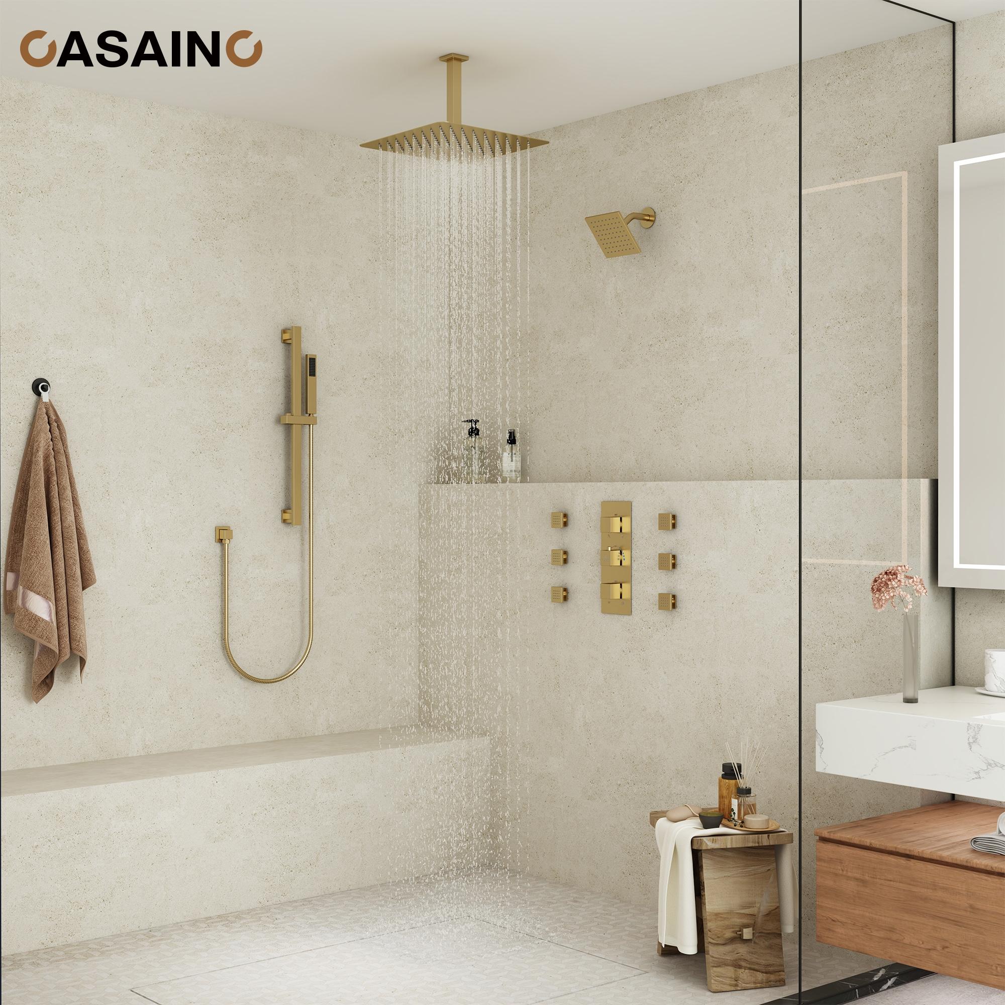 Rodeo 27.5-Inch LED&Music Rainfall Thermostatic Shower System with Slide Bar and 2-in-1 Handheld