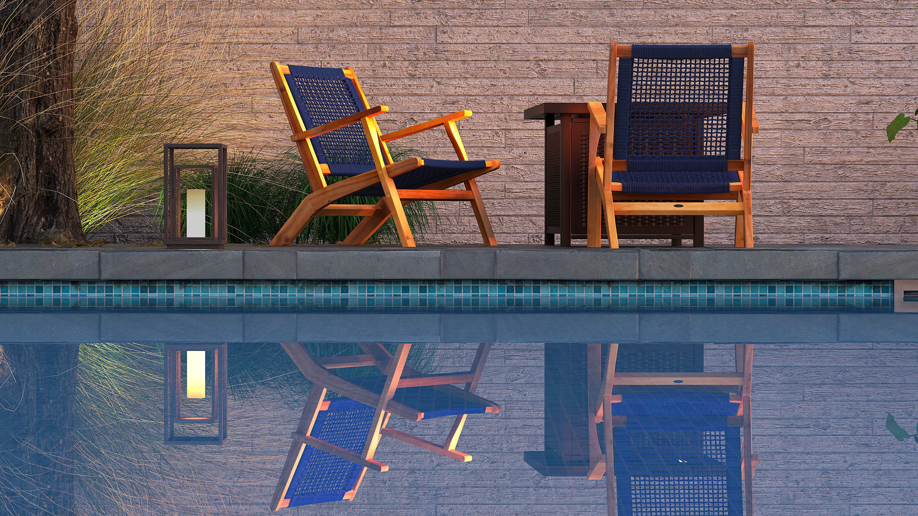 Balkene Home Patio Sense Vega Natural Stain Chair ,Acacia Wood Construction ,Woven Web Seat- Navy Blue Cording