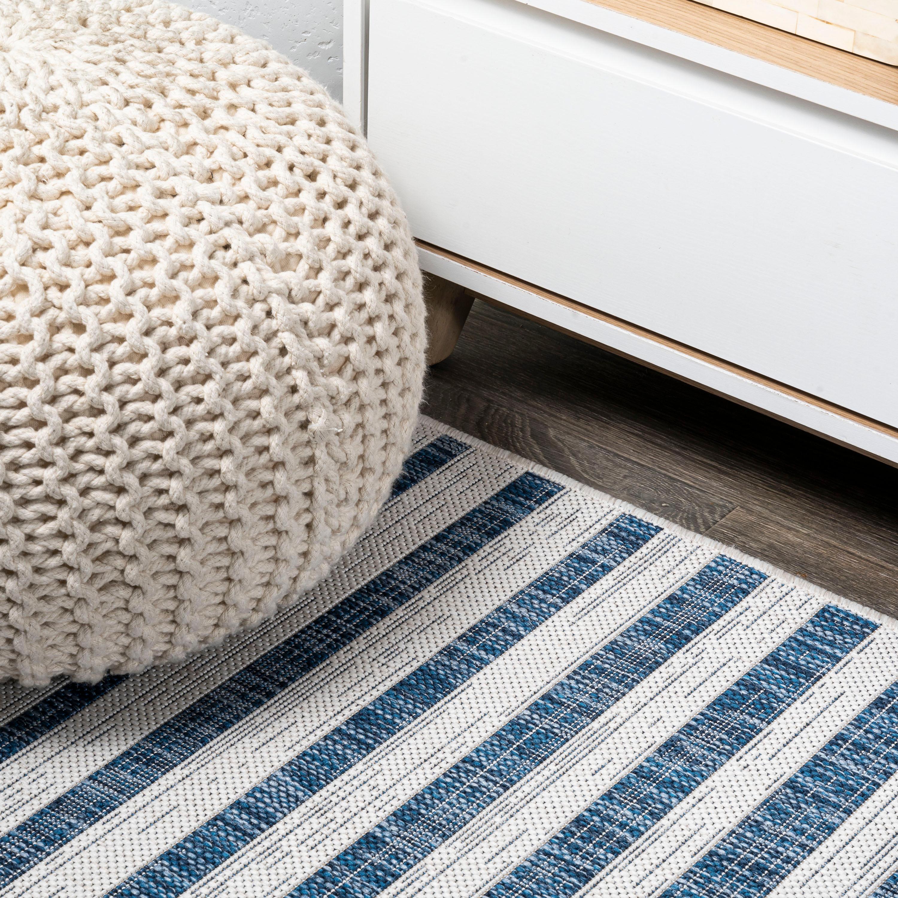 2'x8' Sukie Modern Offset Stripe Indoor/Outdoor Runner Rug, Ivory/Blue - JONATHAN Y