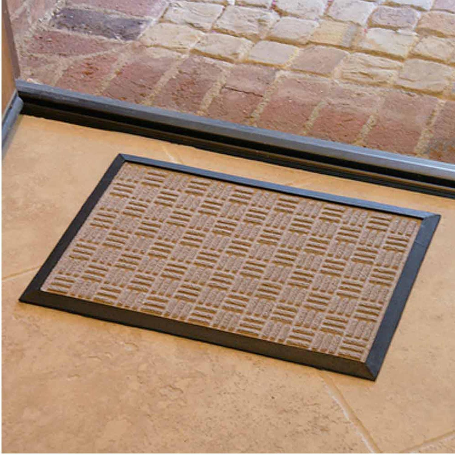 Rubber-Cal  "Nottingham" Rubber Backed Carpet Mat - 16 x 24 inches - Tan Polypropylene Mat - 1'4 x 2'