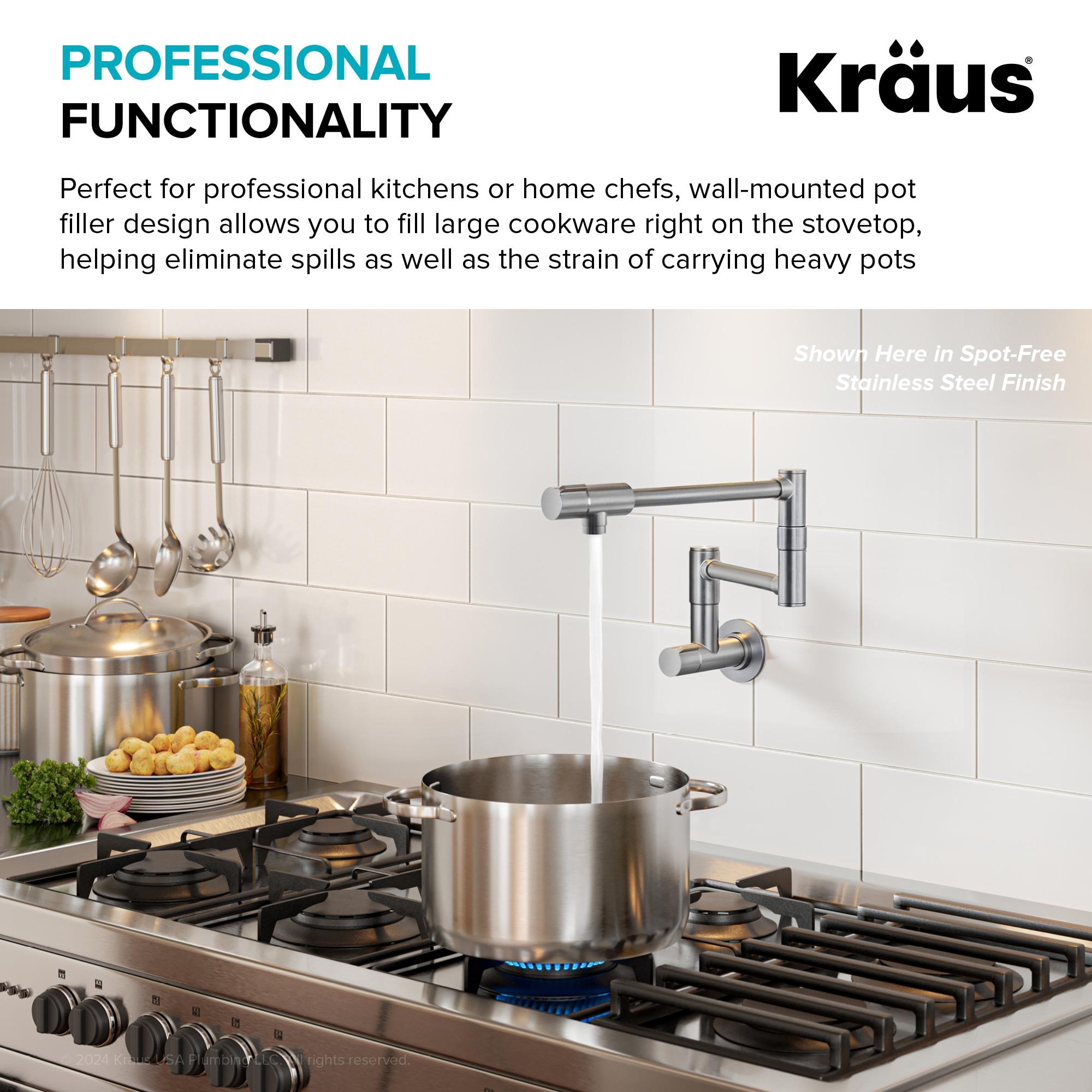 KRAUS Bolden 2 Handle Pot Filler Faucet With Retractable Arm, Wall Mount Kitchen Faucet, Pot Filler For Over Stove