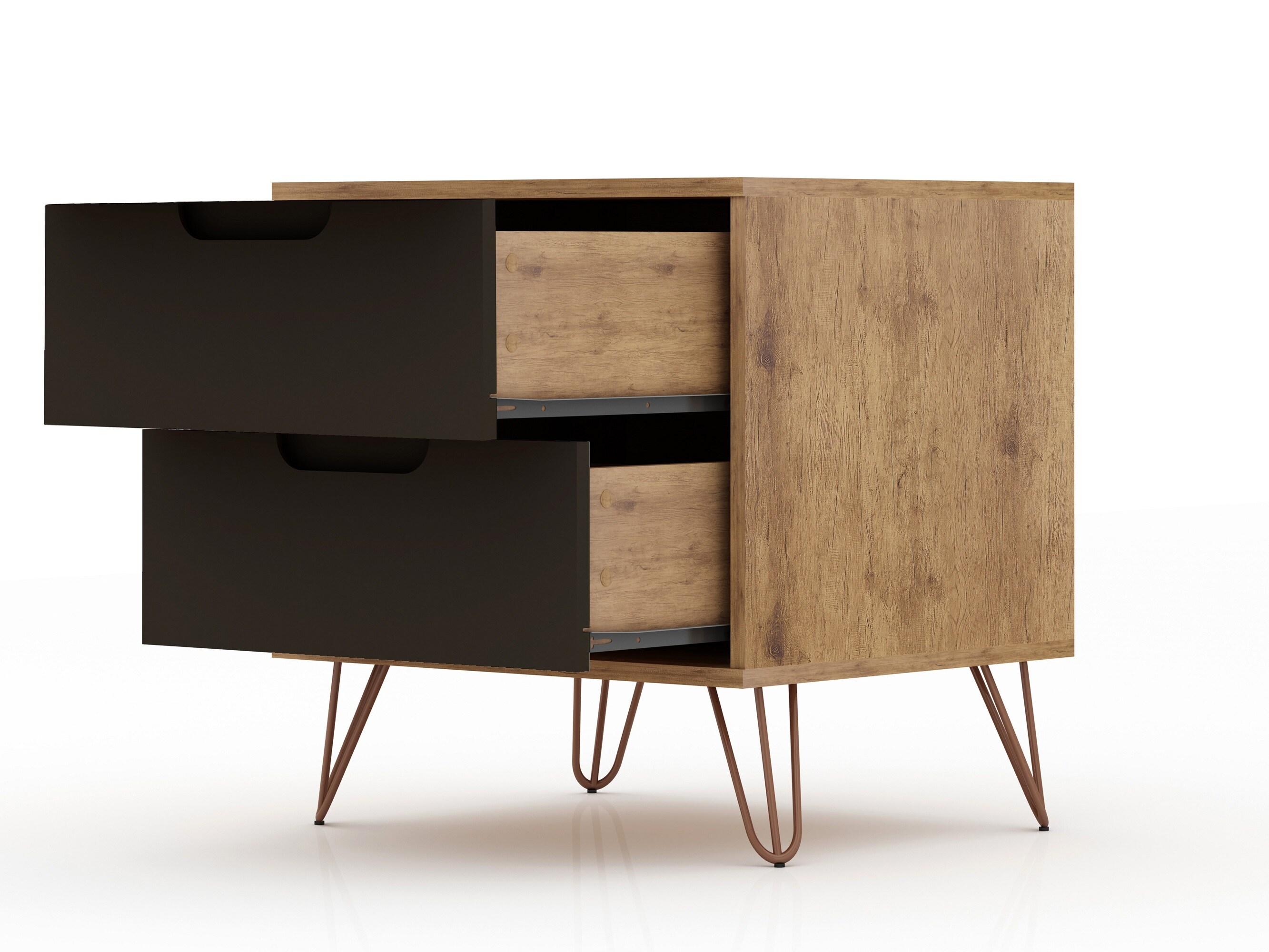 Set of 2 Rockefeller 2 Drawer Nightstands Nature/Textured Gray - Manhattan Comfort: Modern Splayed Metal Legs, MDF
