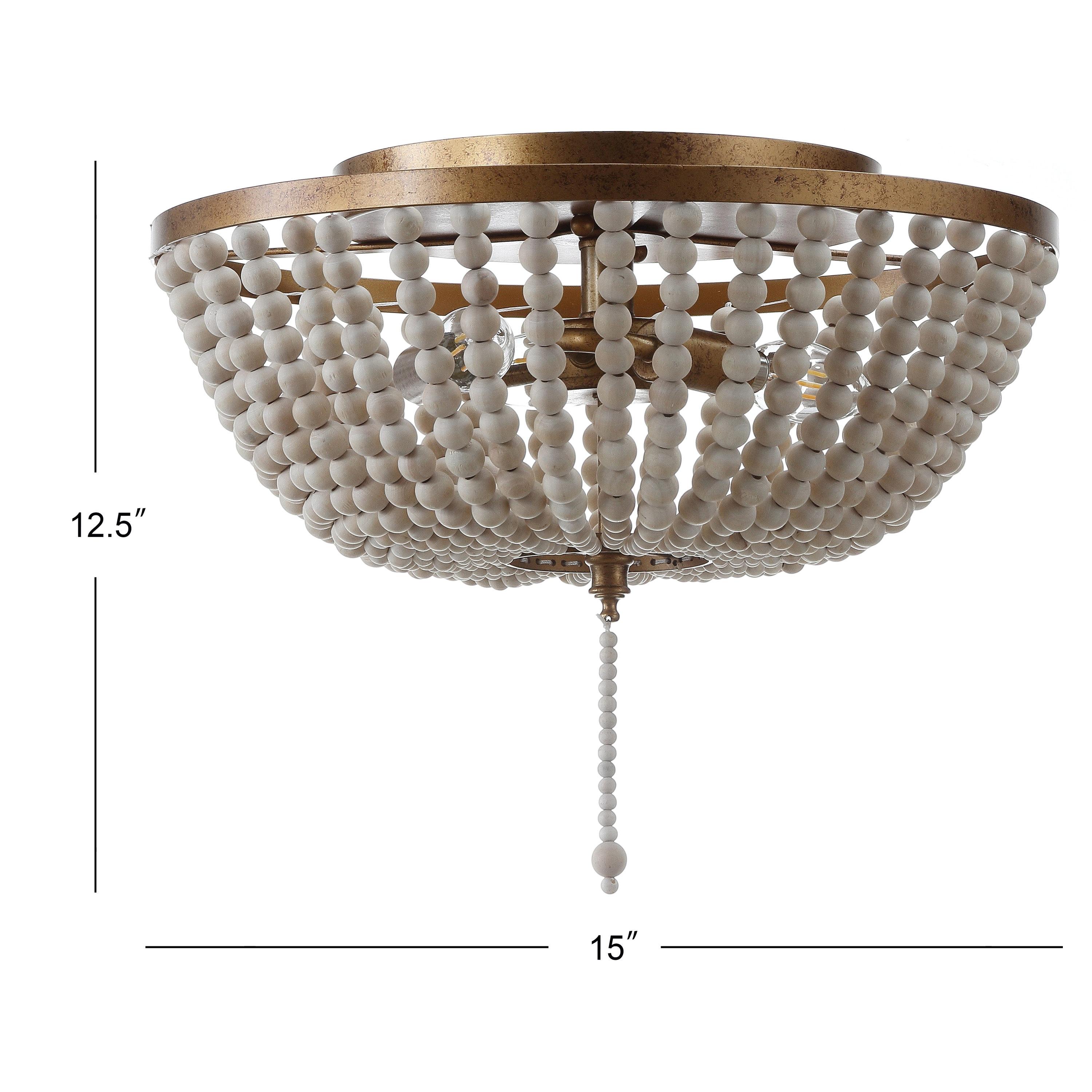 Allison 15" 3-Light Shabby Chic Farmhouse Wood Beaded/Metal LED Flush Mount, Antique Gold / Cream