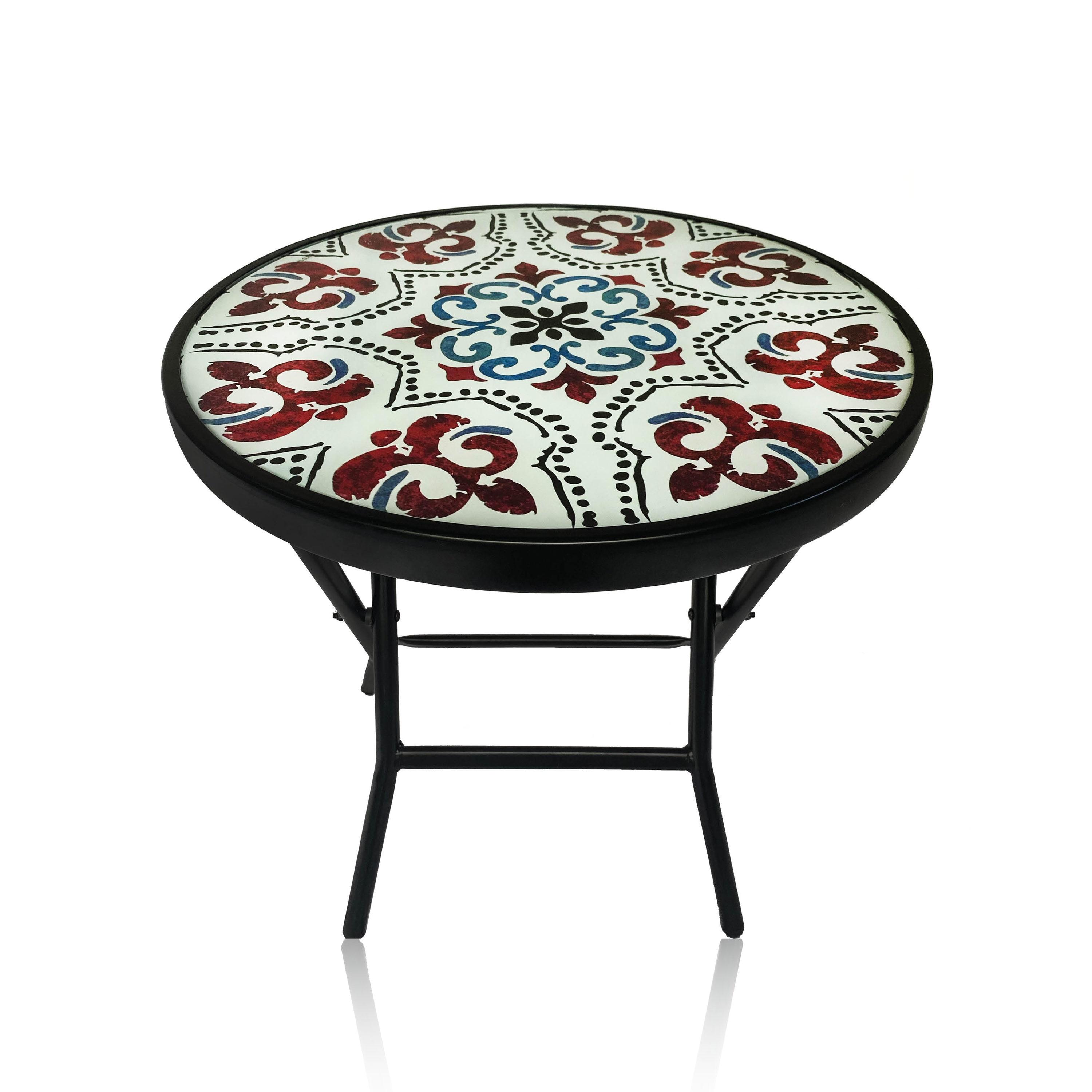 18" Black Steel Foldable Table with Mosaic Glass Top