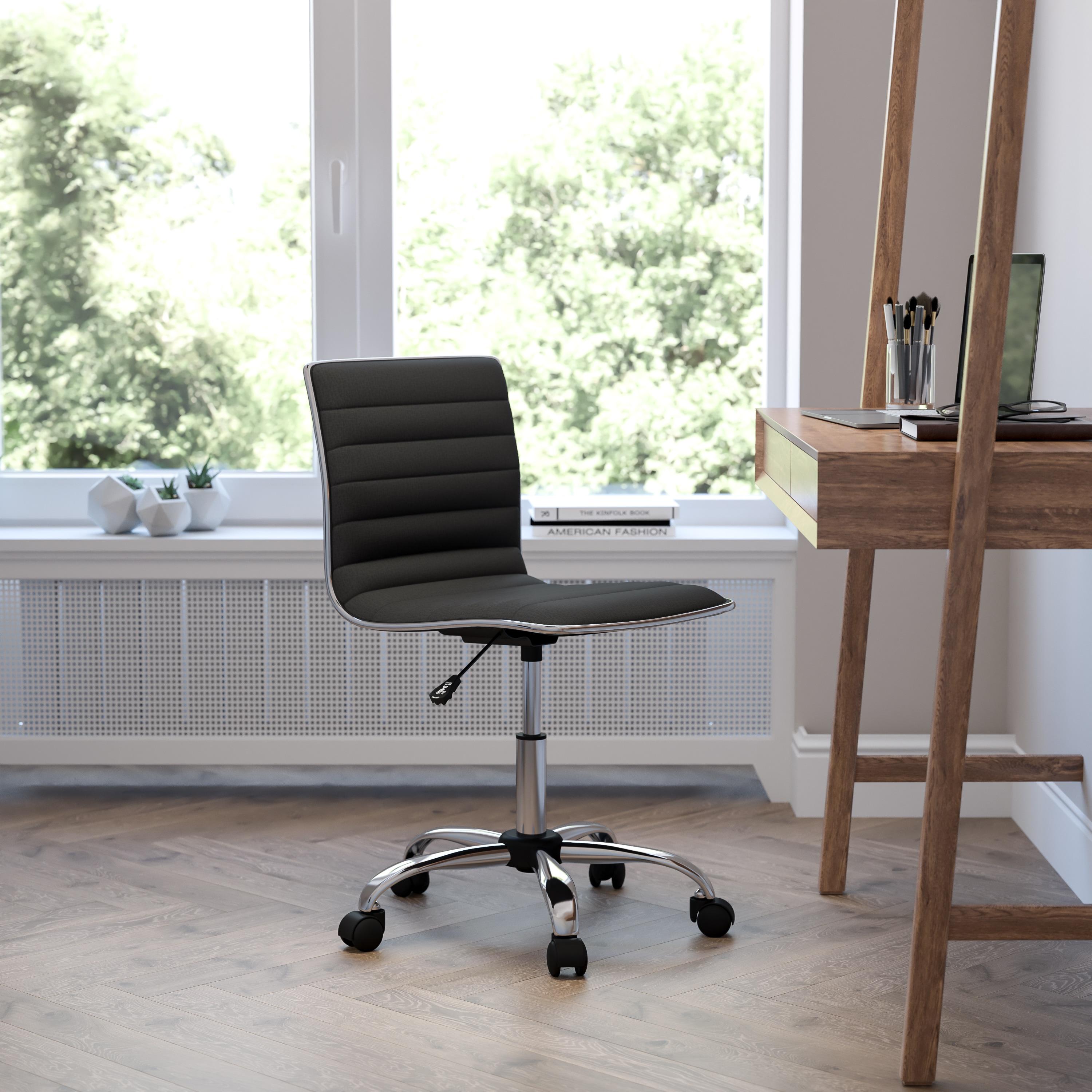 QueelQuest Adjustable Task Chair PU Leather Low Back Ribbed Armless Swivel Black Desk Chair Office Chair Wheels (Black)
