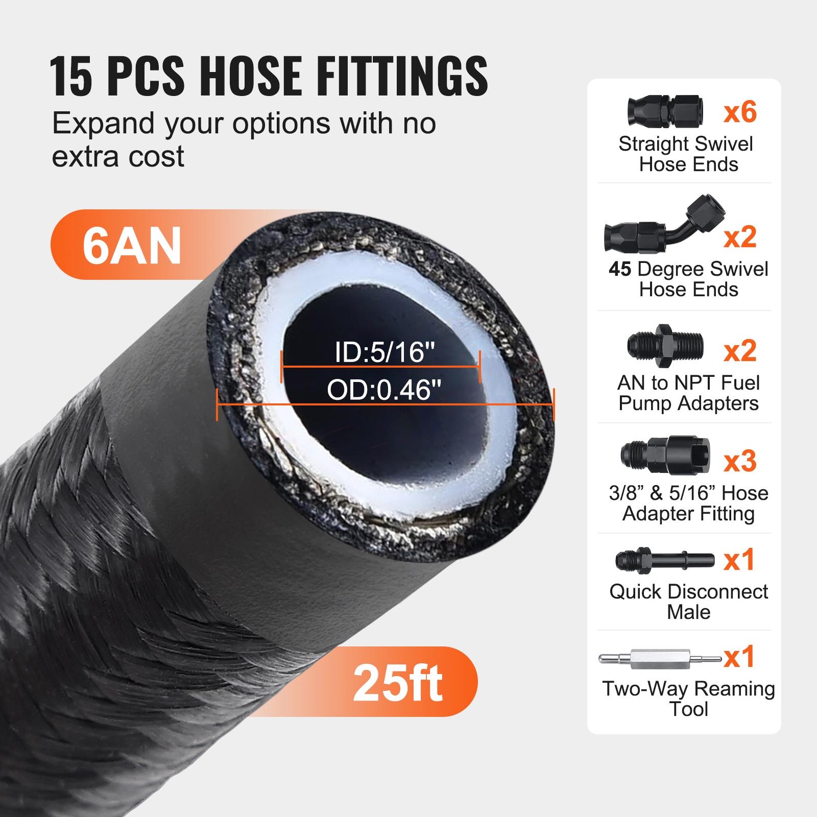 6AN Fuel Line Kit, 25 FT Fuel Hose Kit, 5/16" Nylon Stainless Steel Braided PTFE Fuel Line Kit, E85/Oil/Gas/Diesel Hose End Fitting Kit, with 15 PCS Swivel Fitting Adapter
