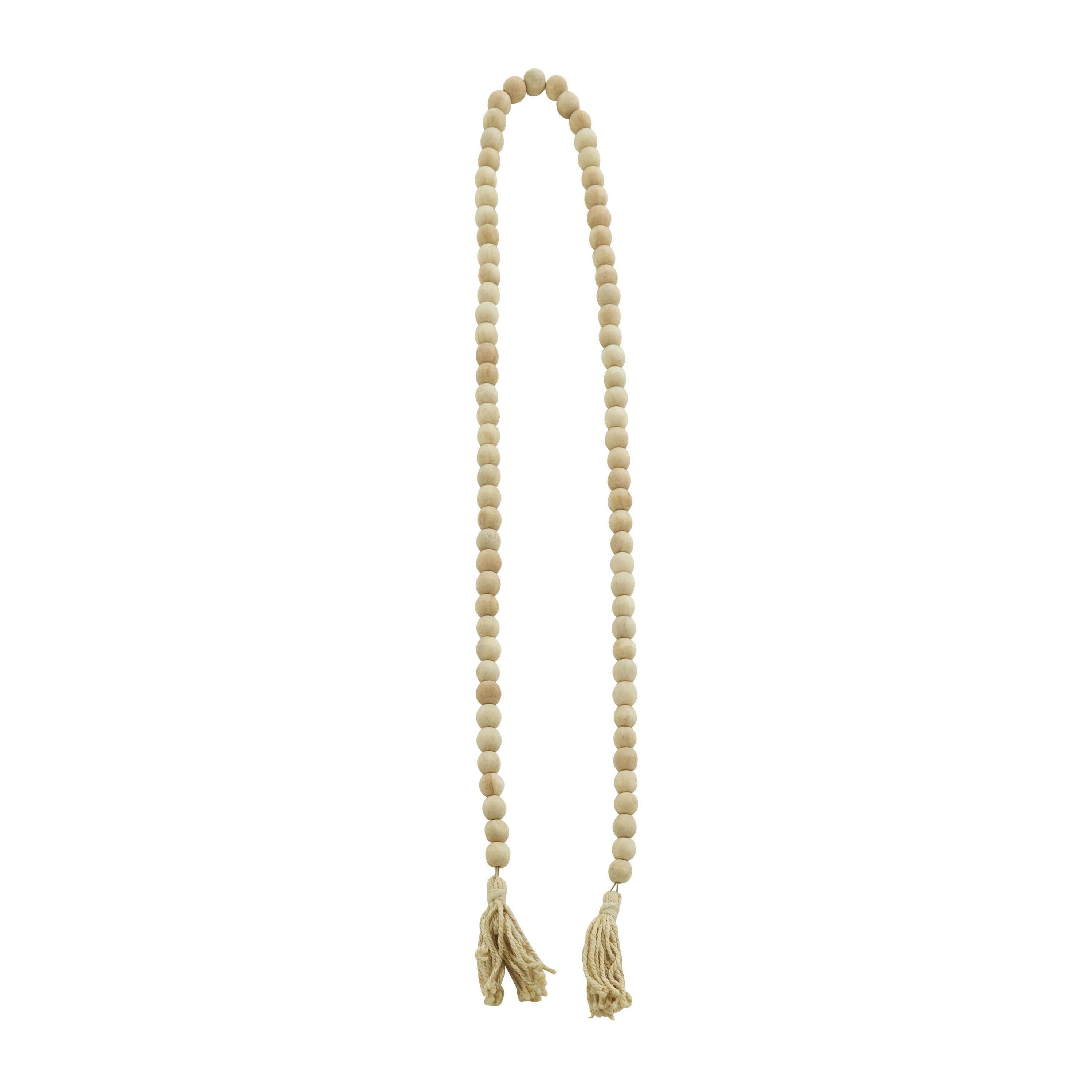 DecMode Light Brown Wood Bohemian Garland Décor with Geometric Bead Details and Cream Cotton Tassel, 87"L