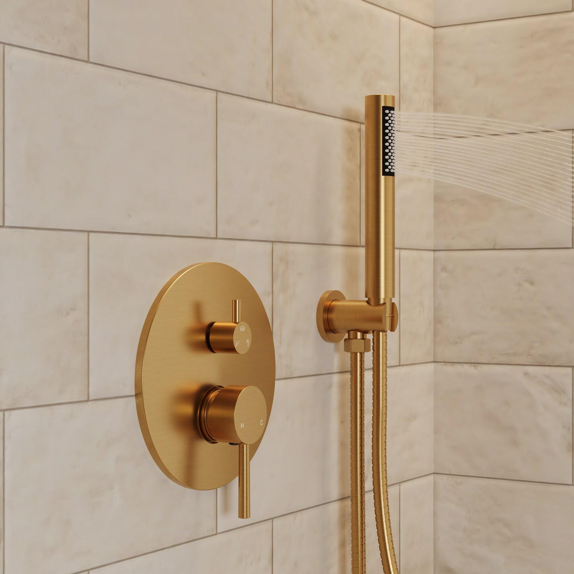 GRANDJOY Dual Wall Mount Rainfall Shower Head System Adjustable 12 inch & 6 inch Shower Faucet Set with Handheld Shower Spray Thermostatic Pressure Balance Value, Brushed Gold